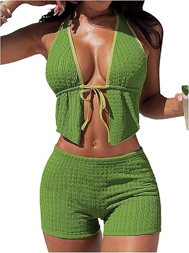 Verdusa Women's 2 Piece Halter Bikini Set Tie Front Crop Tops with Boyshorts Vac