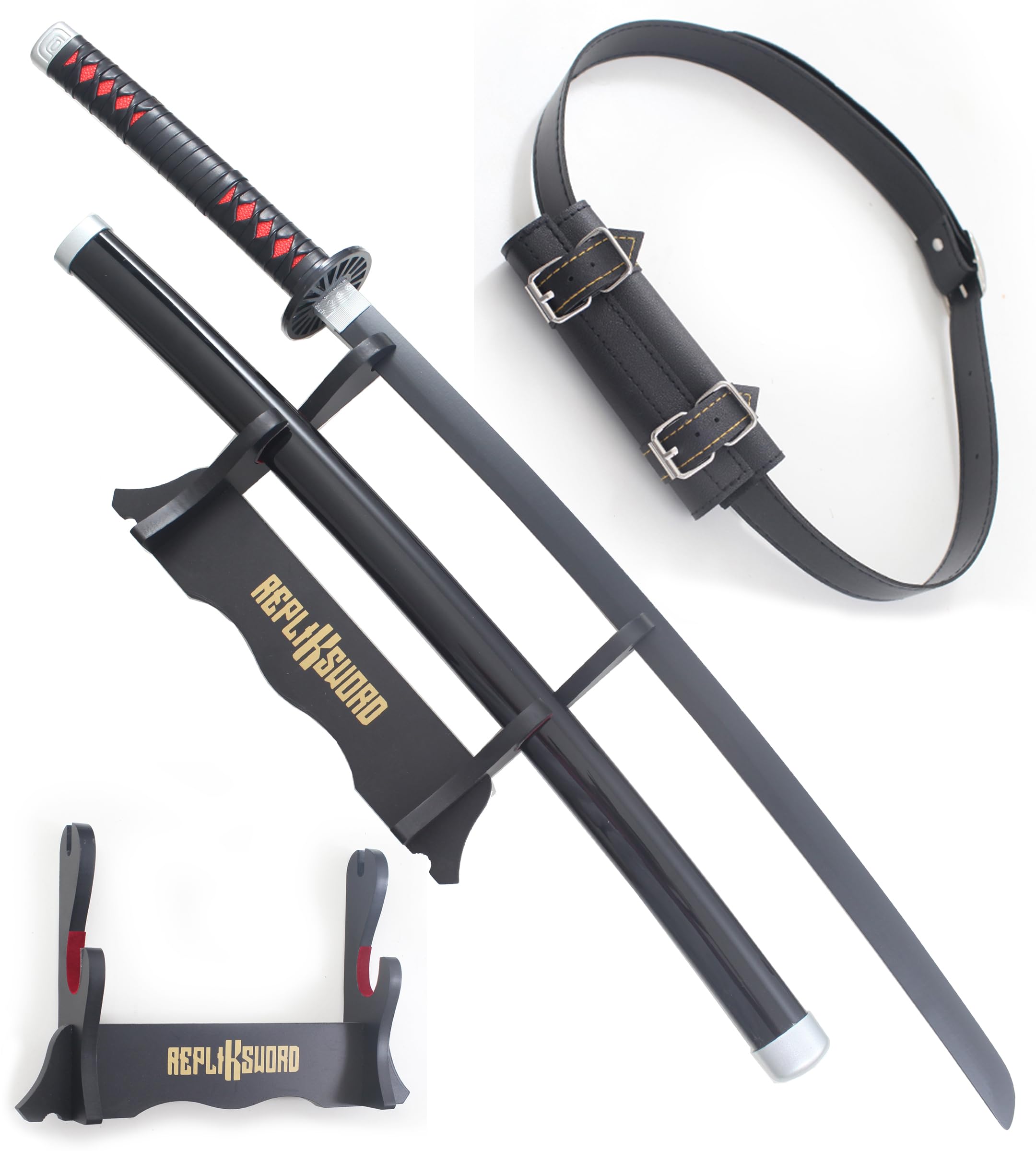Demon Slayer Katana en Bois Lame Kamado Tanjiro Sabre Kimetsu No Yaiba Epee Cosplay + Presentoir en Bois + Ceinturon Porte Epee