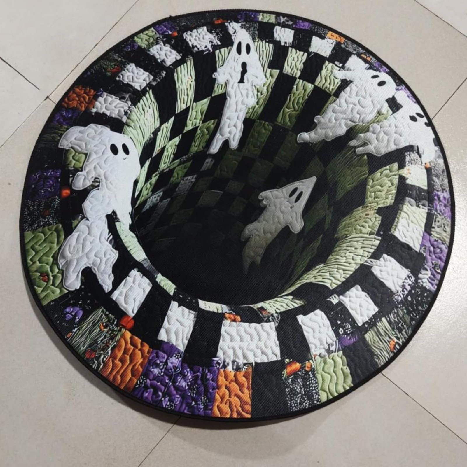 Halloween 3D Lllusion Skeleton Vortex Round Rug Candy Corn Abyss Non-Slip Spooky Carpet For Lndoor Outdoor Patio Party Home Decor (A,47inche)