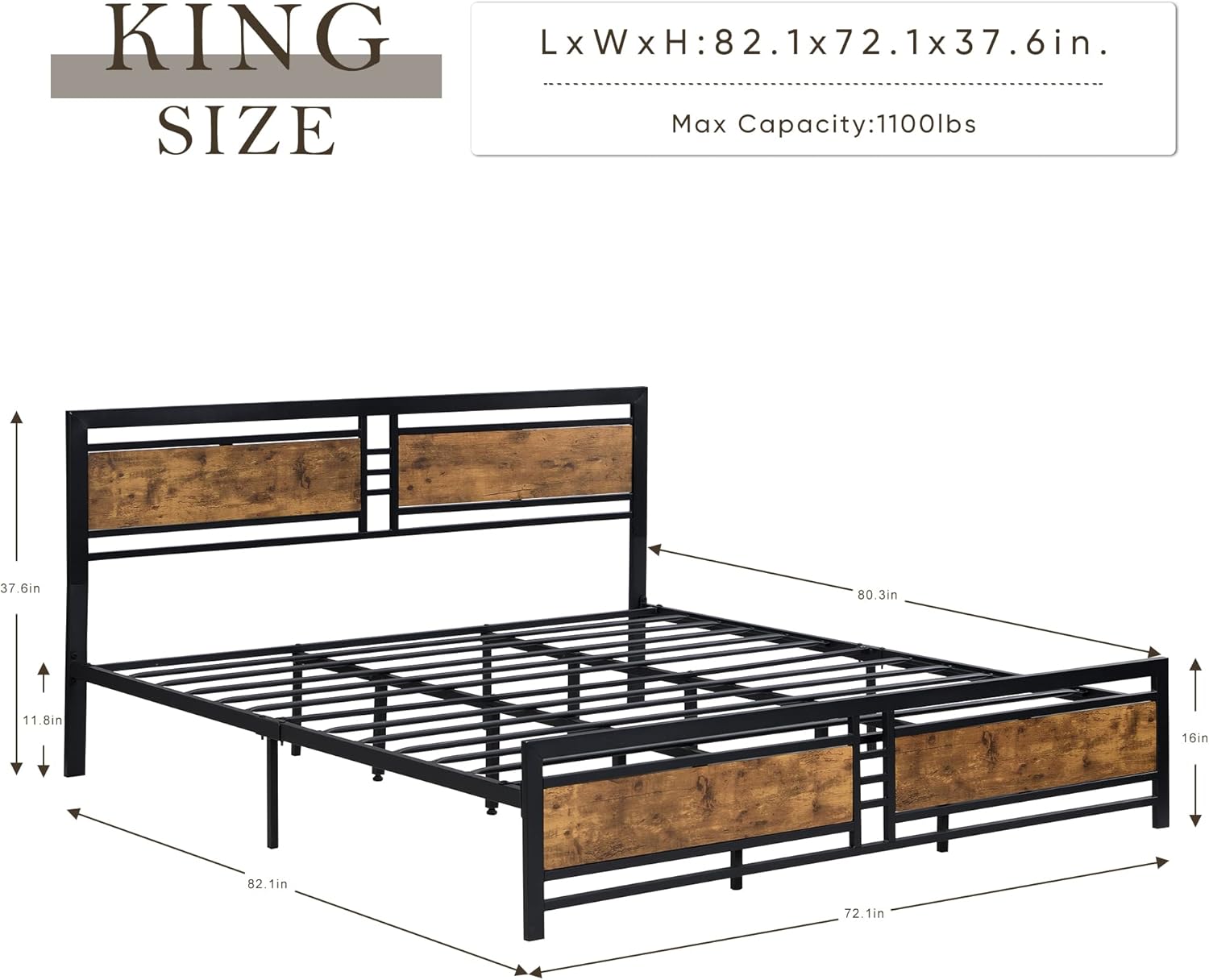 Modern King Size Metal Platform Bed Frame with Wood Headboard, Heavy Duty Mattress Foundation with Slat Support, Easy Assembly, Noise-Free, No Box Spring Needed (King)