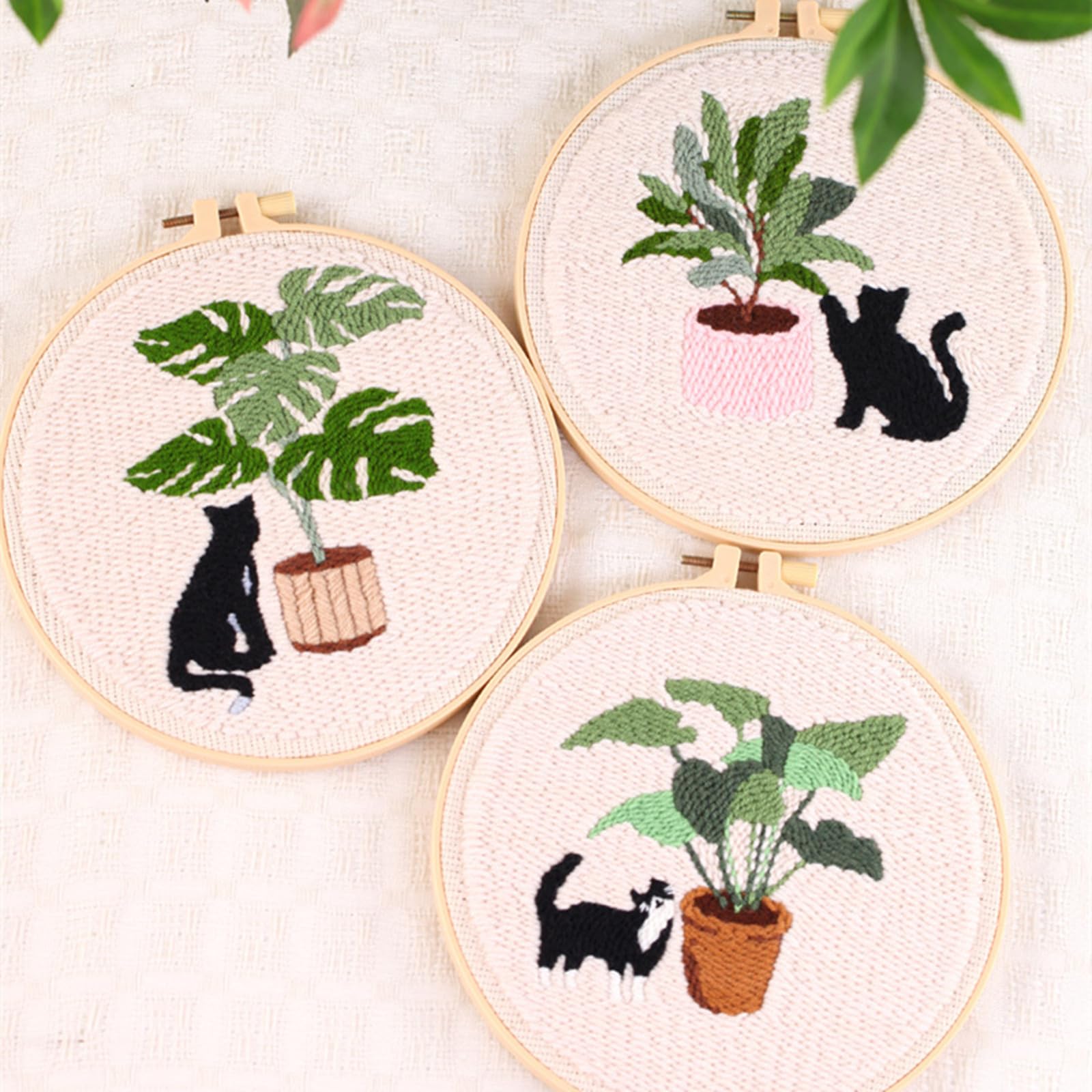 Lidzopas Punch Needle Embroidery Starter Kits With Embroidery Hoops, Punch Needle Fabric With Pattern, Cartoon Cat And Green Plant Punch Needle Kit For Craft Lovers 65218# One - Image 3