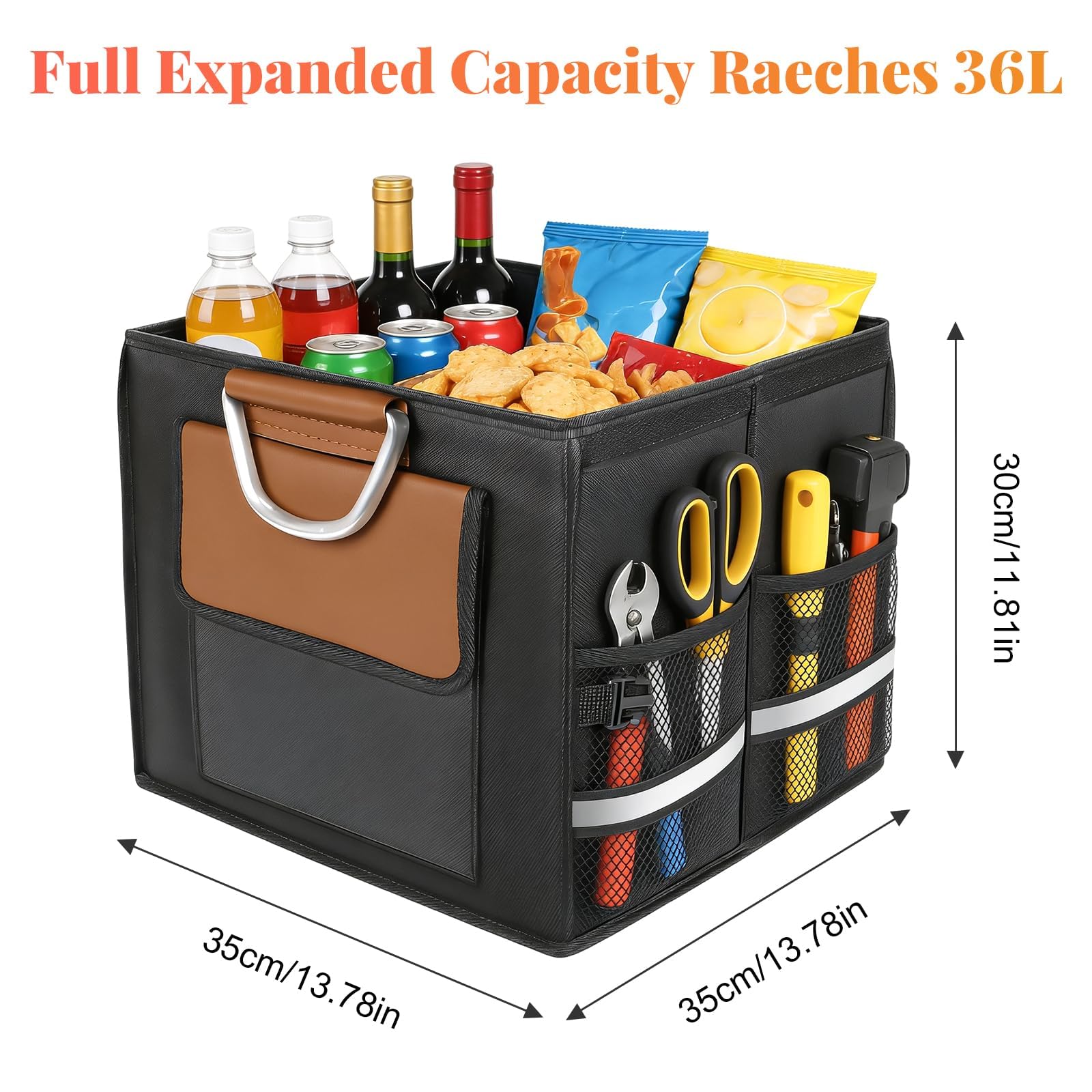 Kofferraumtasche Kofferraum Organizer mit Deckel, Autobox Auto Tasche Wasserdicht Zusammenklappbarer mit Aluminium Griffe Oxford Gewebe 1680D, 36L Großvolumen, Schwarz (S)