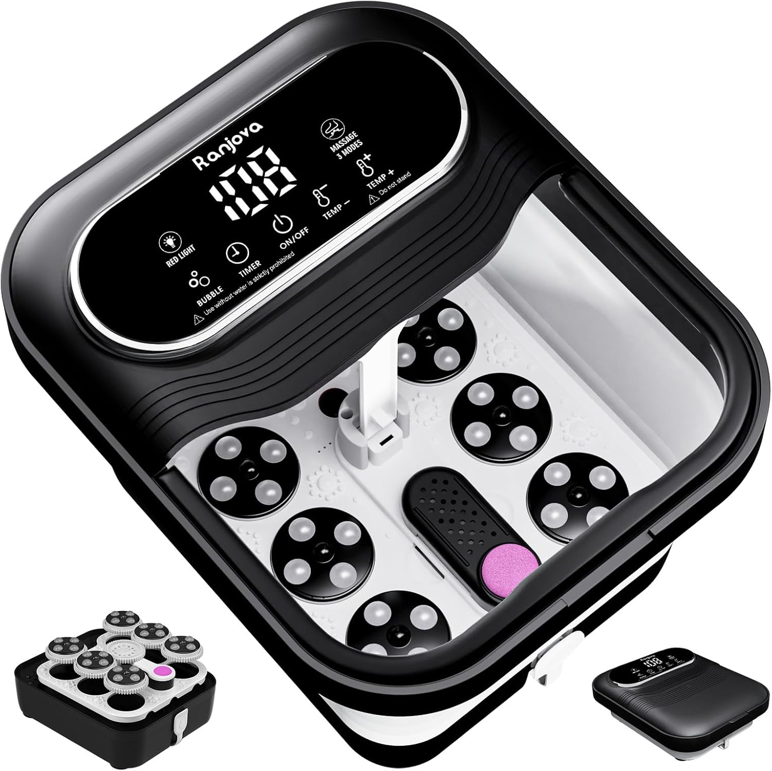 Ranjova Collapsible Foot Spa Electric Rotary Massage, Foot Bath with Heat, Bubble,Temp Control, and 24 Motorized Shiatsu Massage Balls, Pedicure Foot Spa Tub for Stress Relief (Black)