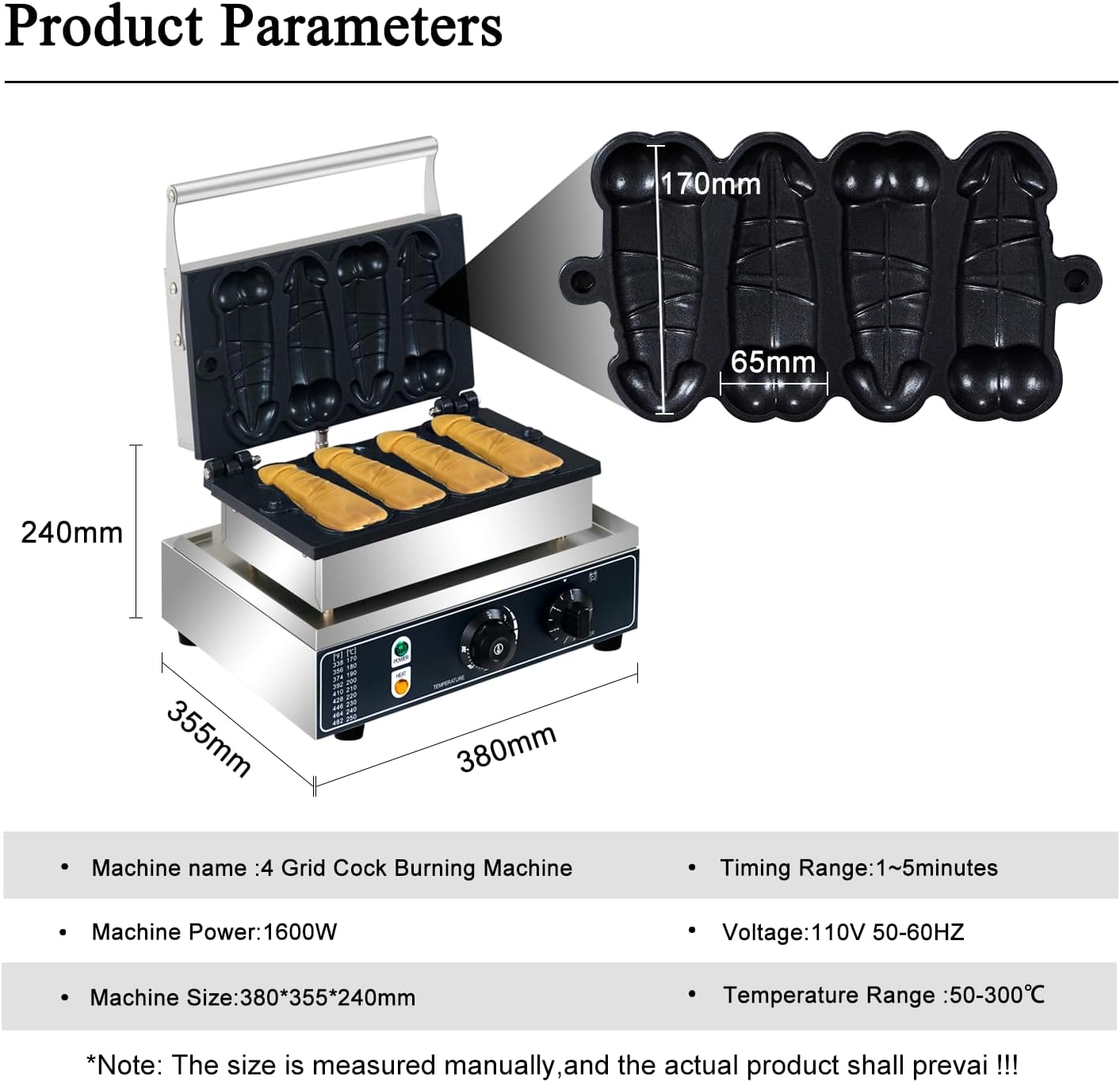 Commercial Strange Shape Waffle Machine 4 PCS Non Stick Penis Waffle Iron 1600W Stainless Steel Hot Dog Sausage Baker, for Restaurant, Snack Bar Dessert Shops
