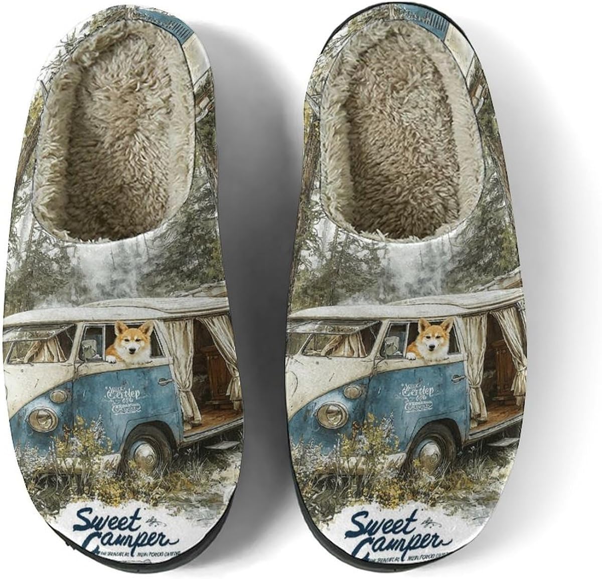 Van Life Adventure Women's Fuzzy Slippers Bedroom Slippers Warm House Shoes with Anti-Skid Rubber Hard Sole Outdoor Comfort Man