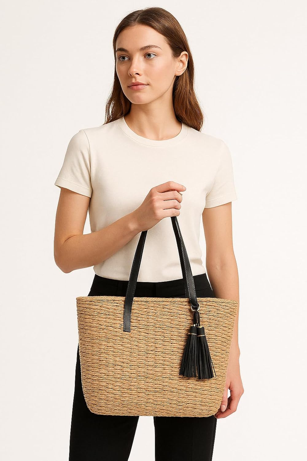 YXILEE Straw Bags For Women | M Size Travel Straw Totes Bag Woven Summer Handmade Shoulder Bag Handbag - Image 2