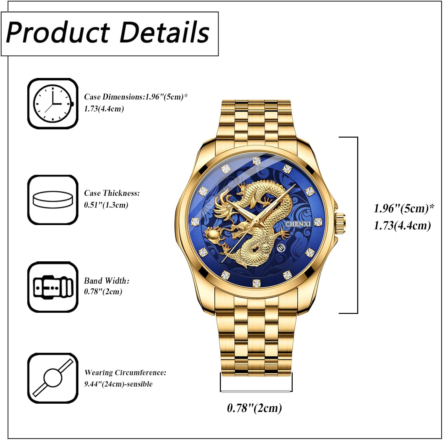 Avaner Men's Gold Dragon Watches: Stainless Steel Band Analog Quartz Wrist Watches with Date and Luminous Hands