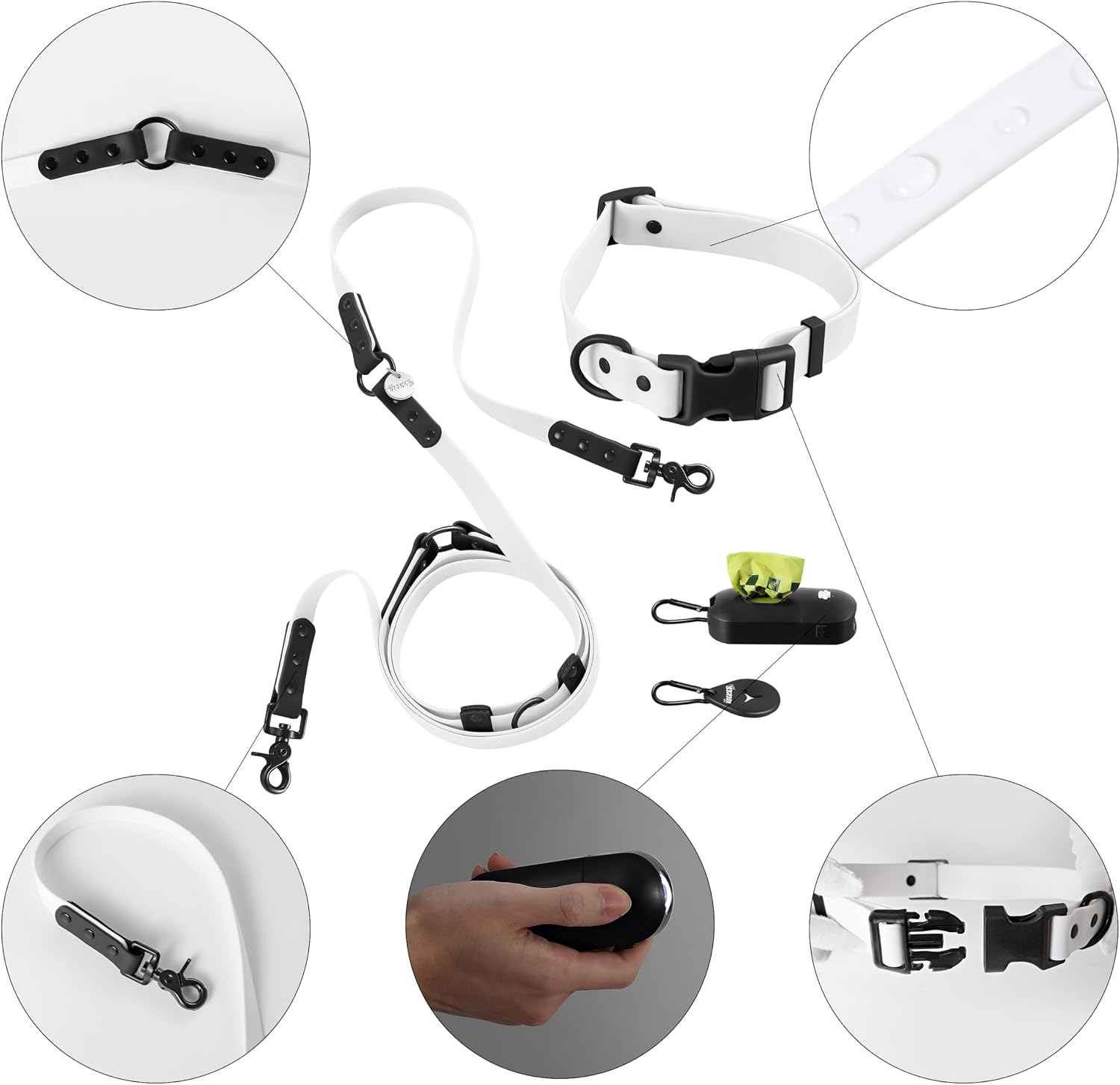 WLK1006F-5SET Luna Large 8FT Adjustable 6-in-1 Waterproof Hands-Free Leash and Collar with LED Flashlight, Bag Dispenser, and Poop Bag Holder, Seltzer