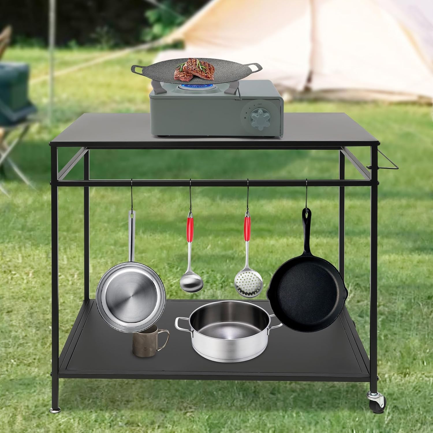 Outdoor Grill Cart, Heavy Duty Metal Kitchen Cart with Wheels, 2-Tier BBQ Prep & Serving Table, Movable Stainless Steel Flattop Grill Table, Hooks, Side Handle, for Patio, Backyard Cooking