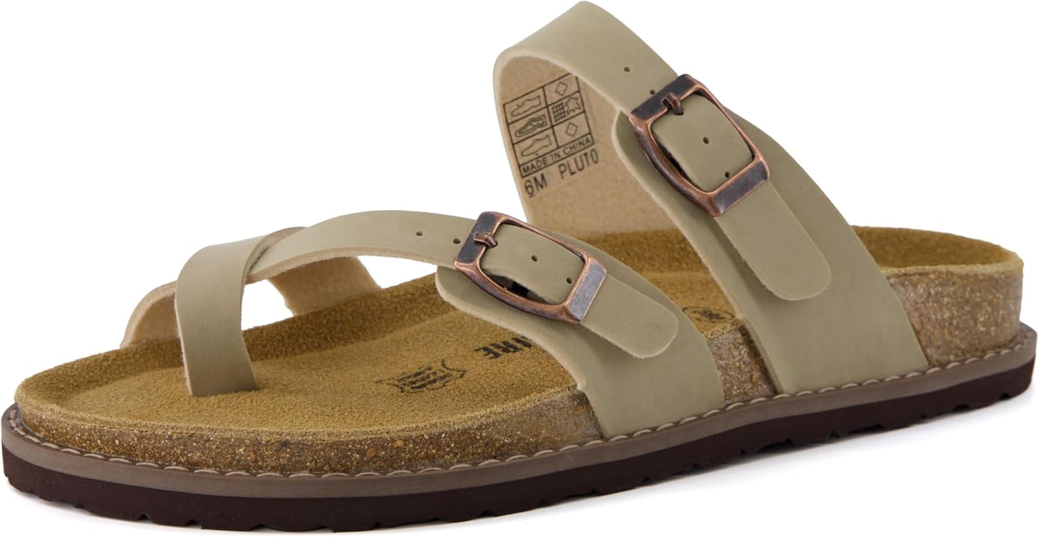 CUSHIONAIRE Pluto Cork Footbed Summer Sandals for Women Comfortable Slides with Adjustable Buckles, Toe Loop & Stitched Design – Stylish Slip On Women Footwear 9 Wide Stone image 9 of 9 B0FHRTHCR1