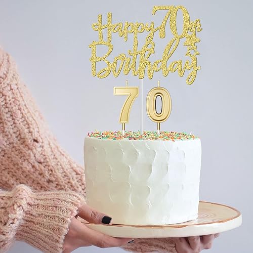 Miniatura 4 de Decoraciones doradas de 70 cumpleaños para mujer con banda y tiara de cumpleaños 70, adorno para pastel de cumpleaños 70 y velas de cumpleaños 70,