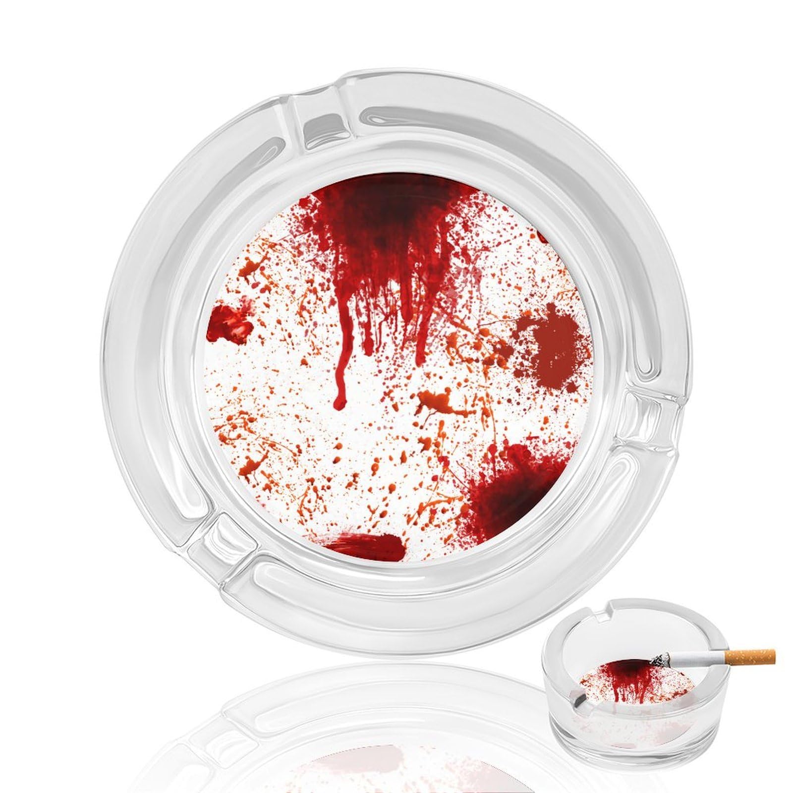 Blood Splatter Horror Glass Ashtray 3.3 Inch Round Cigarette Ash Holder with 4 Grooves for Home Office Outdoor One Size