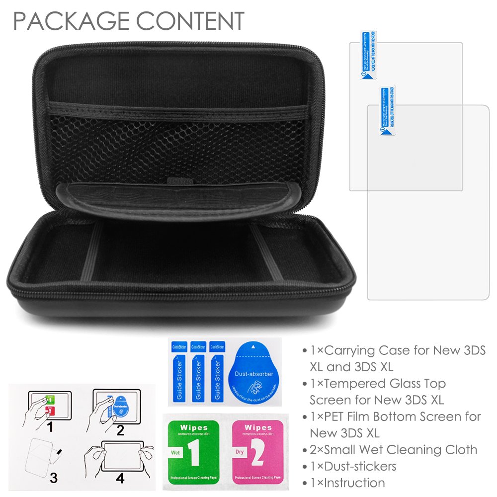 Étui de Protection pour Nintendo New 3DS XL avec Film de Protection d'écran, AFUNTA 2 Protecteurs en Verre Trempé pour Écran Supérieur et Films en Pet pour Écran Inférieur, 1 EVA Housse de Transport