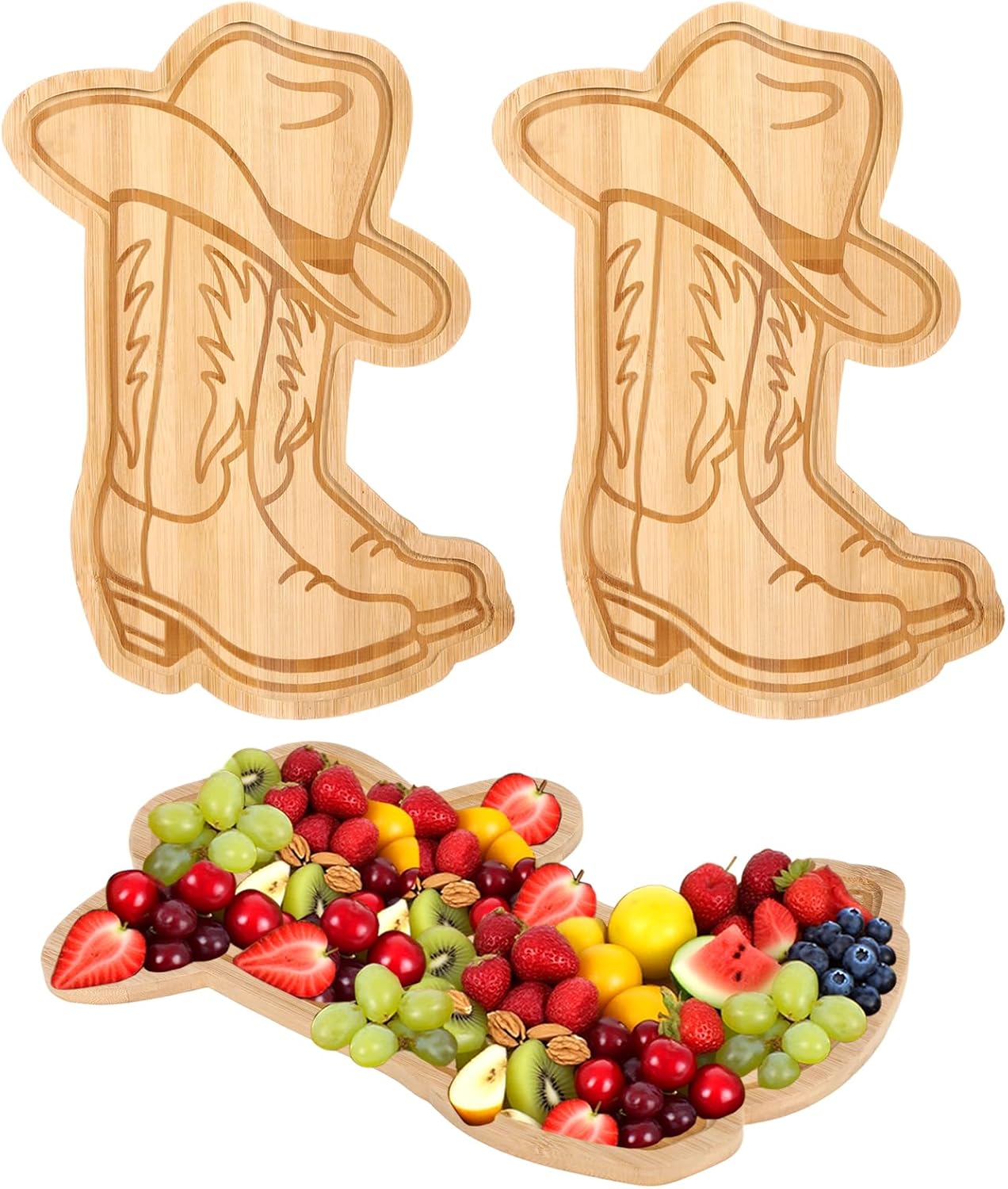 2 Pcs Cowboy Boot Serving Trays Wooden Serving Platter Cowgirl Boot Plates for Snacks Rustic Functional Serving Piece for Cheese Western Party Decoration Supplies (Natural-Boot and Hats)