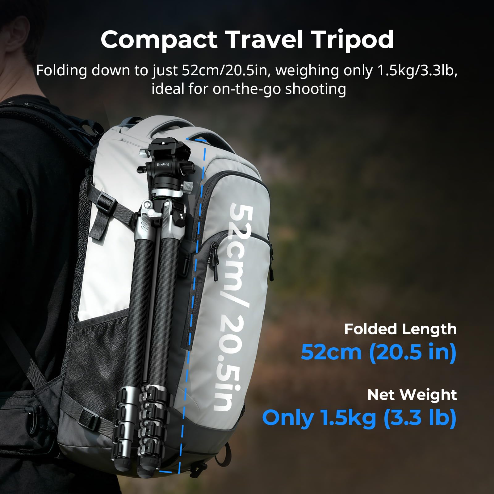 SMALLRIG 160 cm Trépied de Voyage Portable pour iPhone et Appareil Photo, Trépied Vidéo en Fibre de Carbone, Format Compact (52 cm), 3 kg Charge, Tête Fluide pour la Photographie en Extérieur - 5477