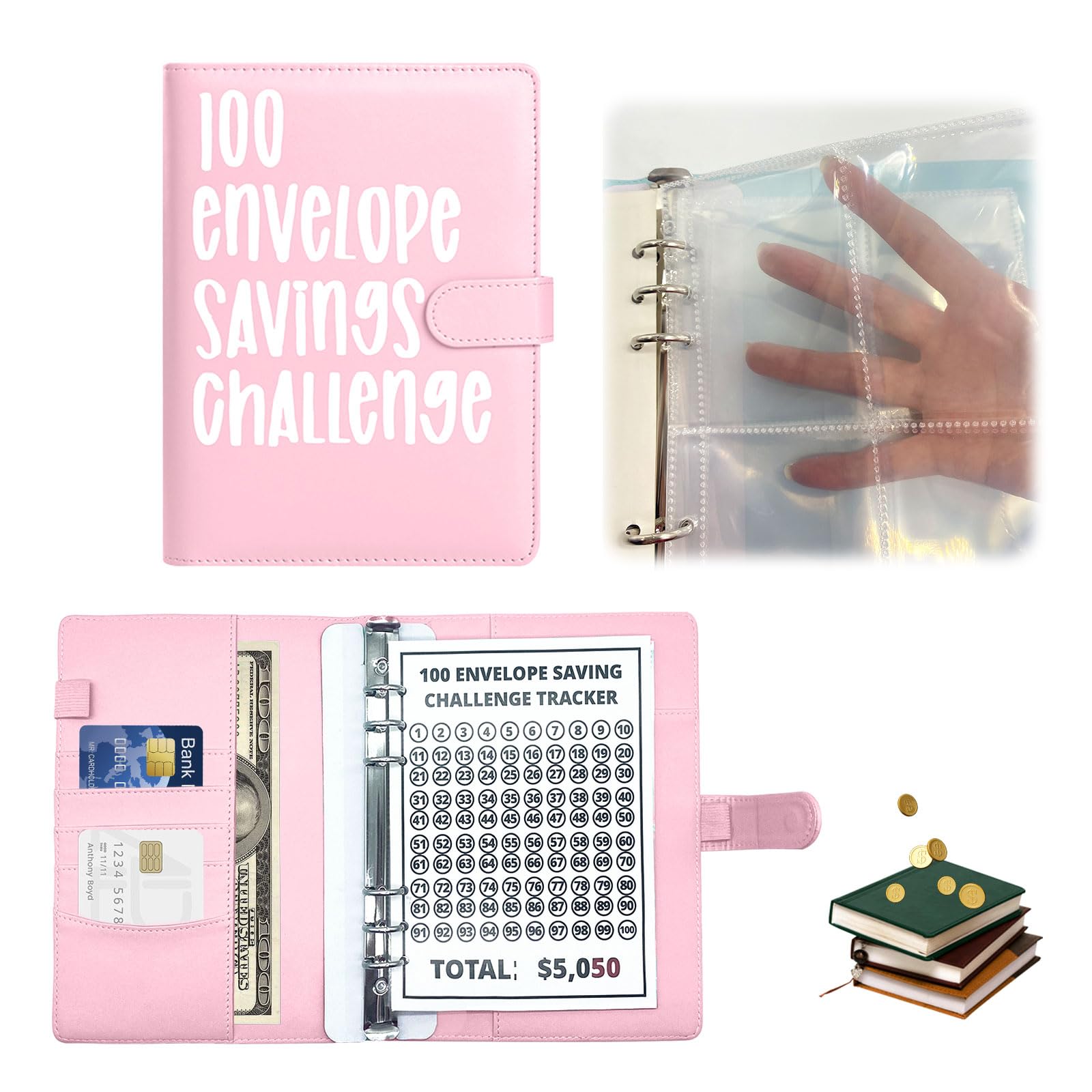 XQMMGO100 Envelopes Money Saving Challenge Money Book A5 Money Saving Folder with Money Envelopes and 25 Cards for Couples, Offices, Home, School (Pink)