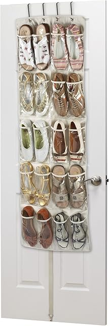 Brilliant Feet G0061 - Heavy Duty 20 Pocket Over Door Hanging Shoe Organiser for 10 Pairs of Shoes - Made from Robust Oxford Canvas-Type Material (600D) with Reinforced Clear PVC Pockets - 135 x 53 x 7cm - Storage Tidy Organizer - Beige