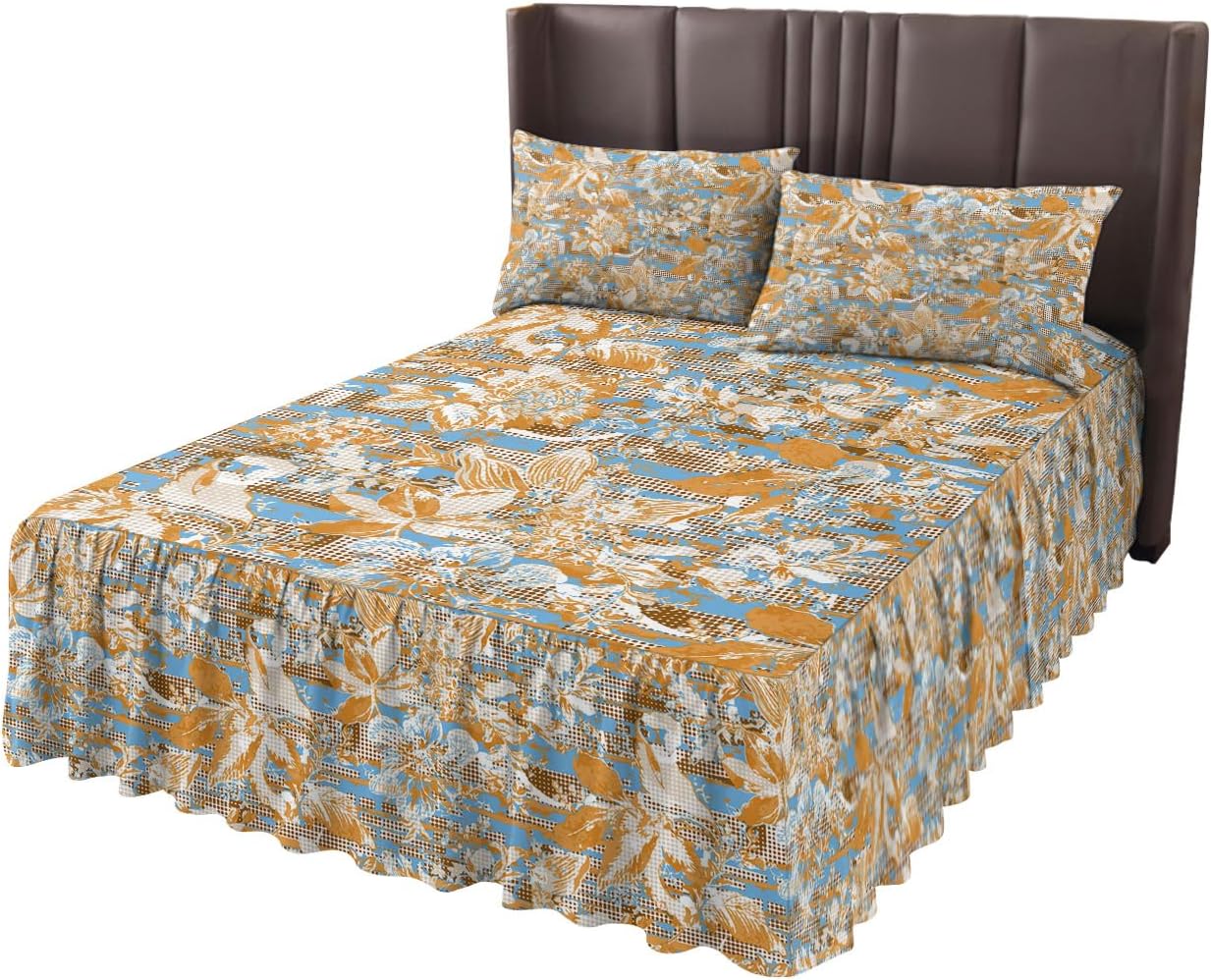 Orange Blue Flower Wrap Around Pleated Bed Skirts for Twin