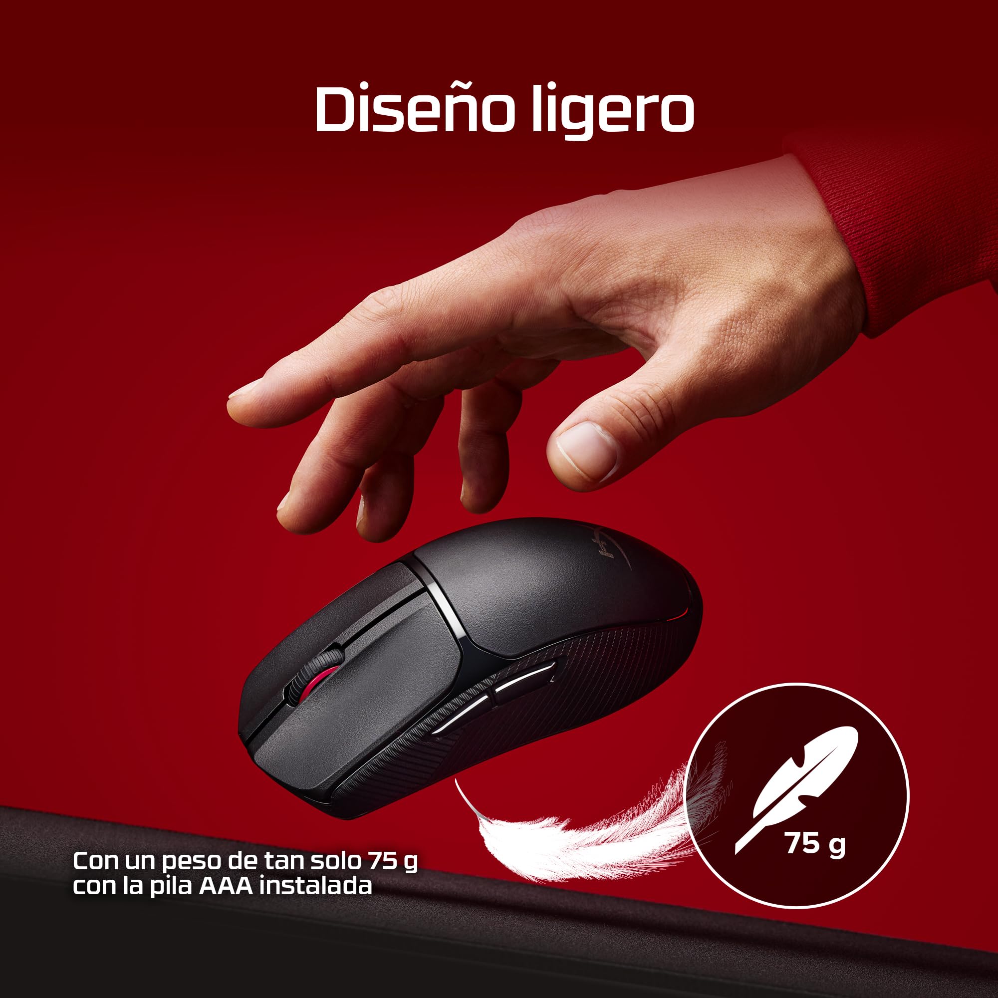 Hyperx Pulsefire Fuse - Ratón Gaming inalámbrico, Ultra-Ligero 75g, autonomía 85h, ambidiestro, 12000DPI, 6 Botones, Color Negro