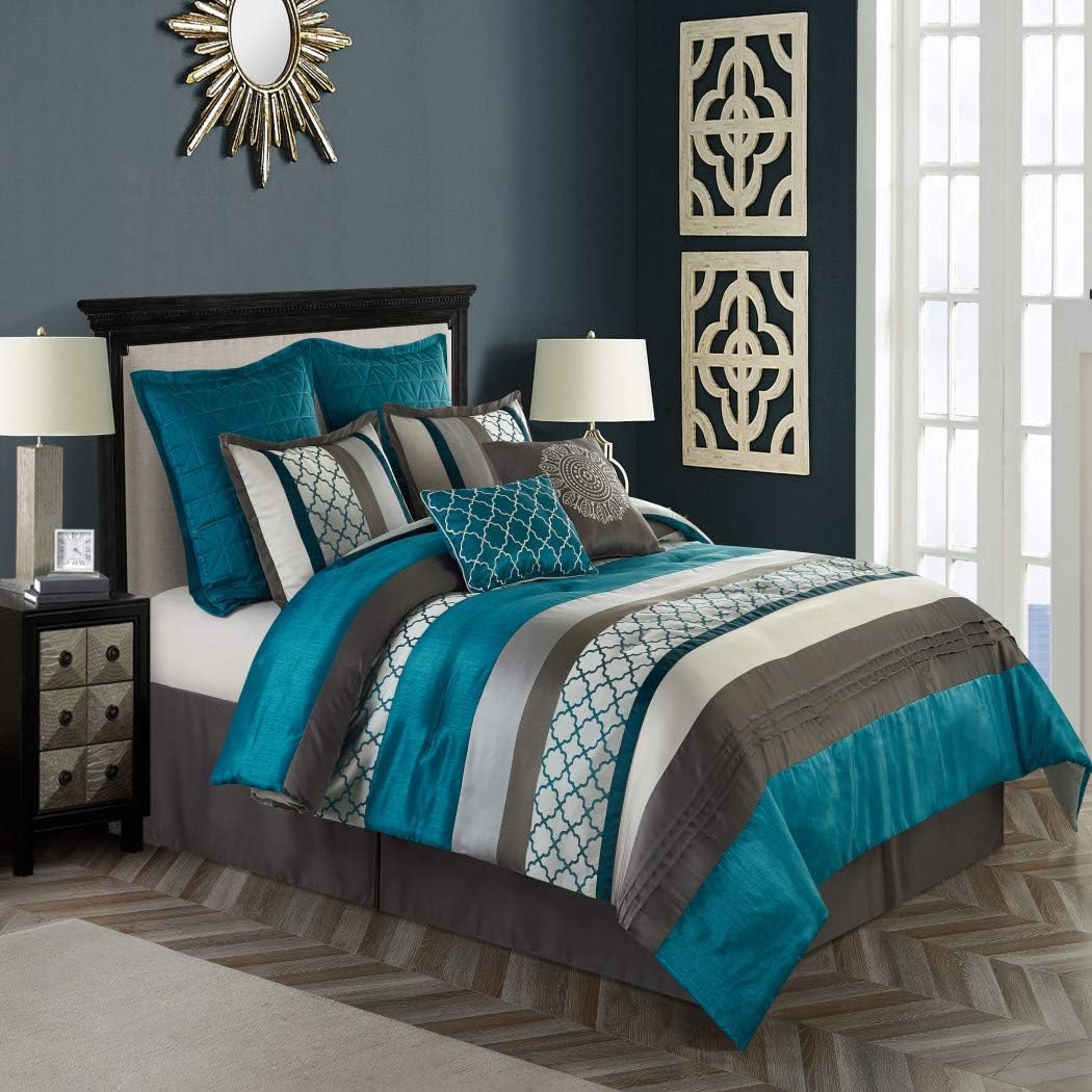 8 Piece Peacock Teal Gray Jacquard Weave Comforter Cal King California Set, Blue Grey Pintuck Puckered Bedding Geometric Bed in A Bag for Master Bedroom Casual Colorful Comfortable, Polyester