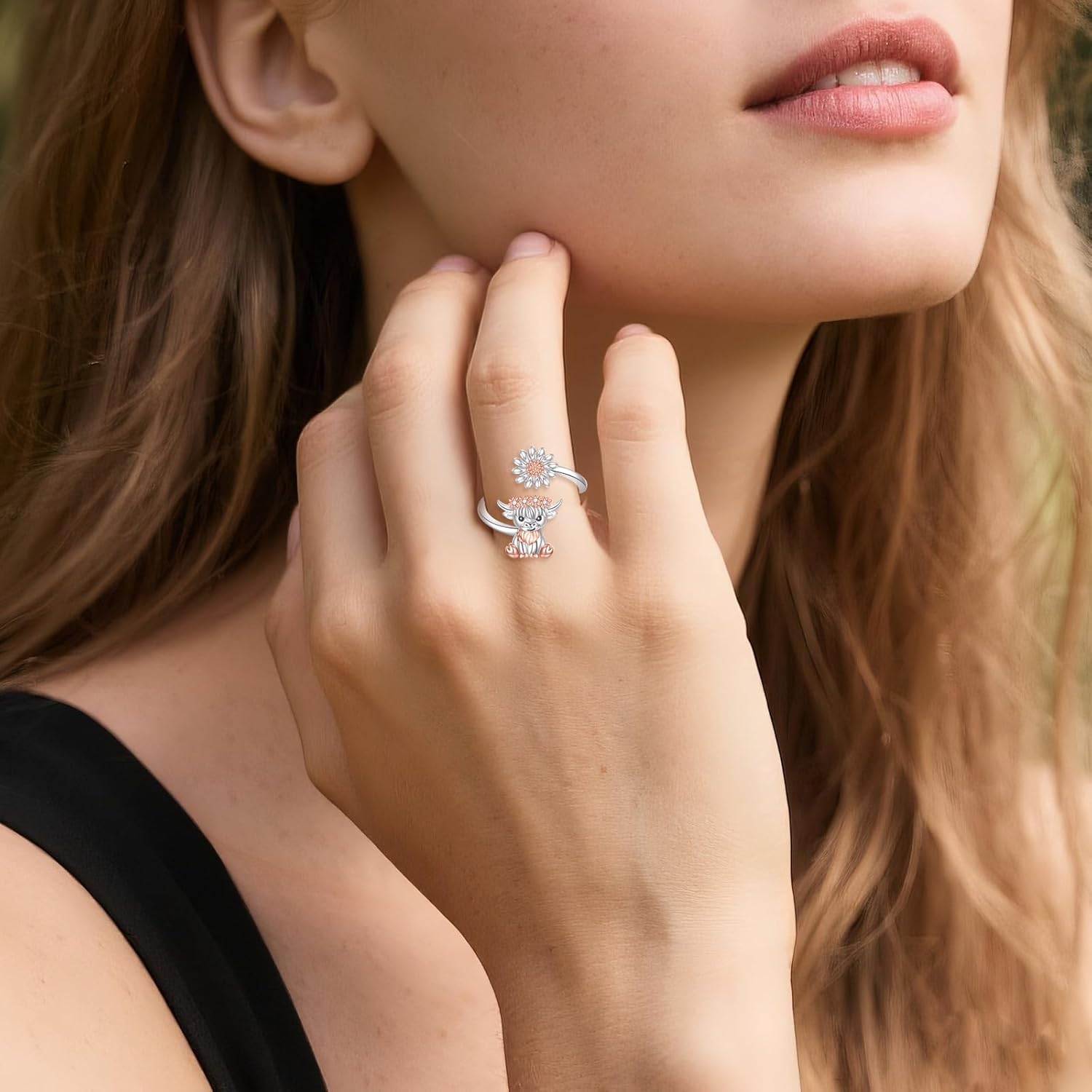 Highland Cow Ring 925 Sterling Silver Highland Cow Gifts Adjustable Open Daisy Ring Jewelry Gift for Women