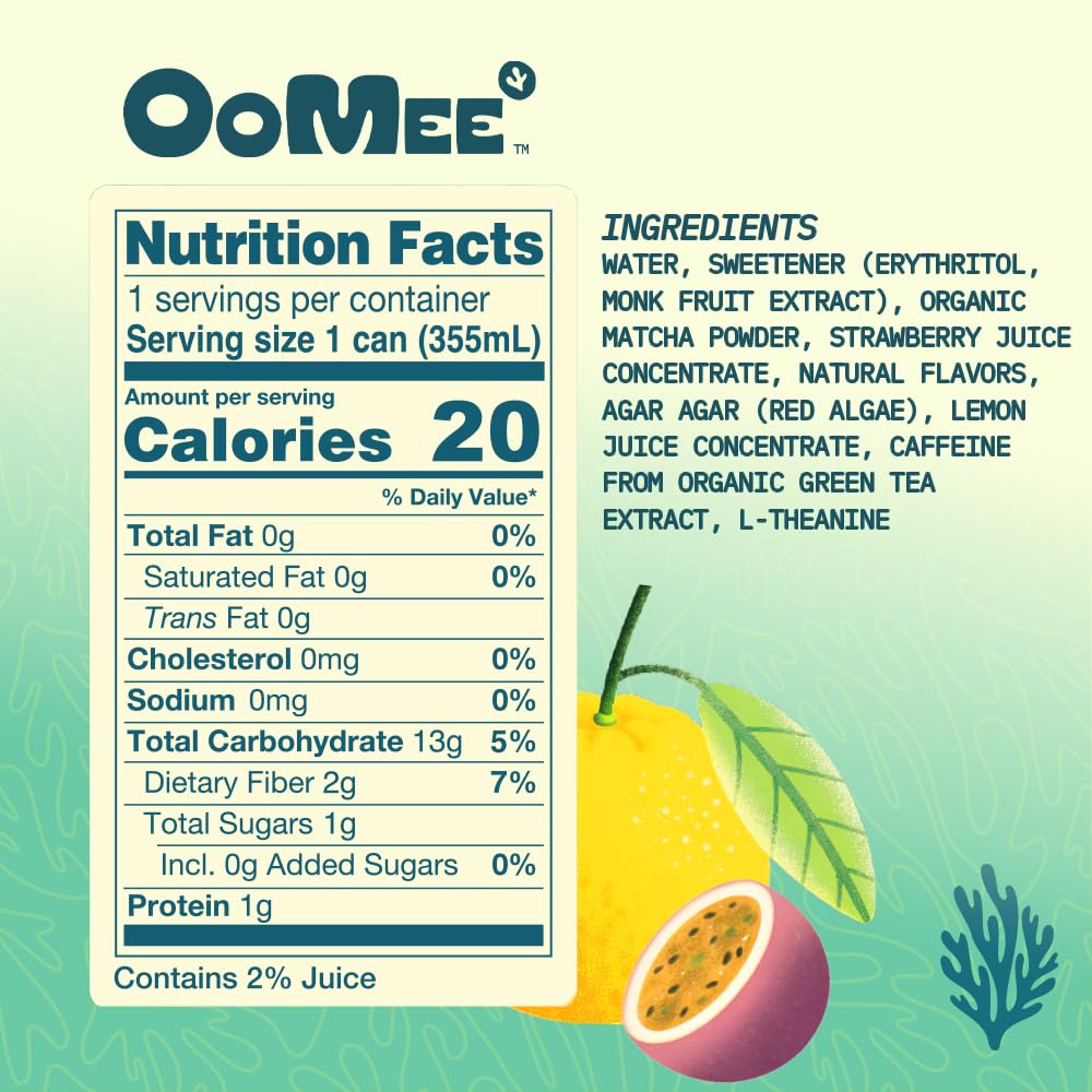 OoMee Fruity Matcha Drink Variety Pack | Berry, Lemon Mint & Passionfruit‑Yuzu | Fruit‑Infused, Plant‑Based Vegan Beverage – Sustained Energy, Natural Craving Support, Low‑Calorie, No Added Sugar, Non‑Carbonated Marine Plant Drink – 12oz Cans, 12‑Pack