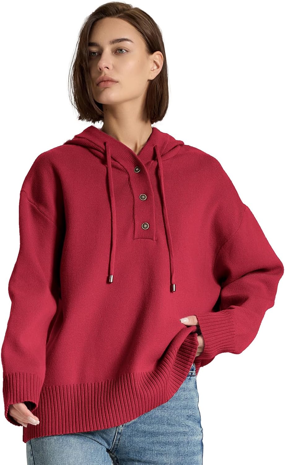 Womens Sweaters Soft Knit Pullover Henley Neck Long Sleeve Drawstring Button Front Casual Trendy Hoodies - Image 3