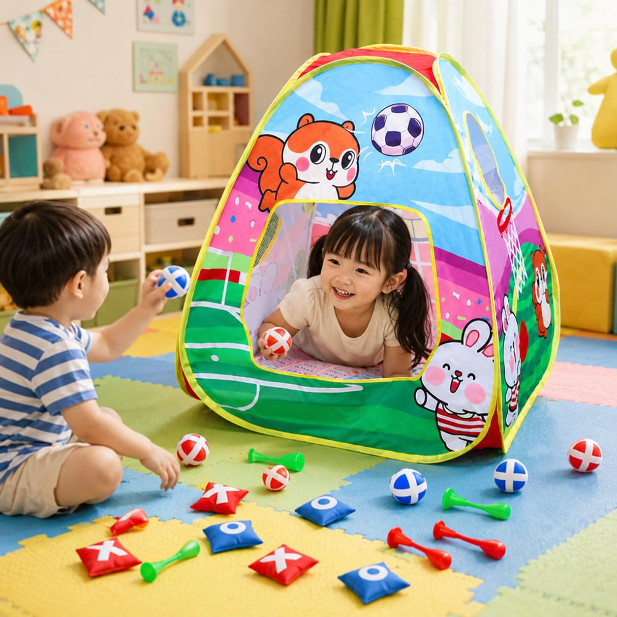 Faltbar, Großes Spielzelt mit für Kleinkinder, Multi-Game Spielhaus Drinnen und Draußen, Textil Zelt mit Tragetasche