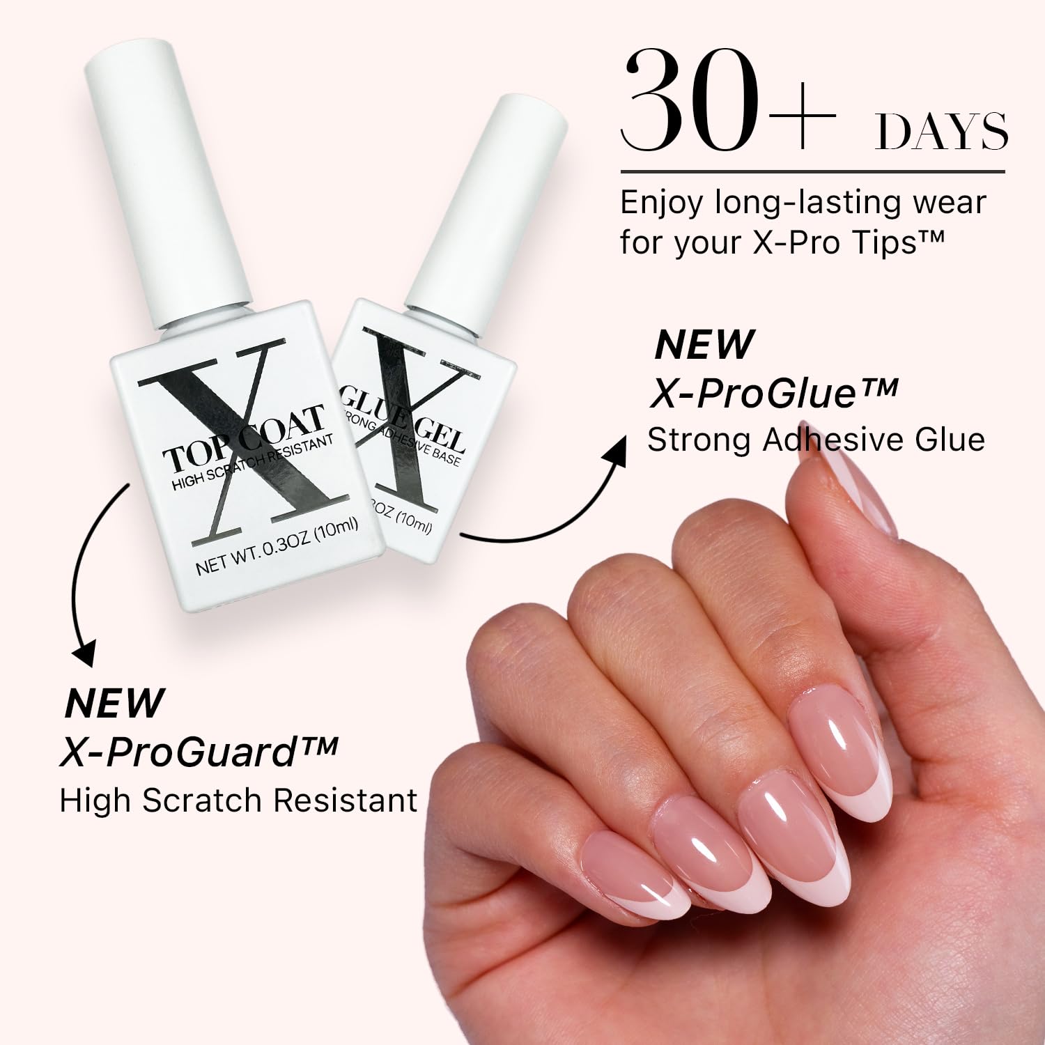 SXC Cosmetics French Tip Press On Nails - Skin Tone Nude and Color Series, Short Almond X-Pro Tips