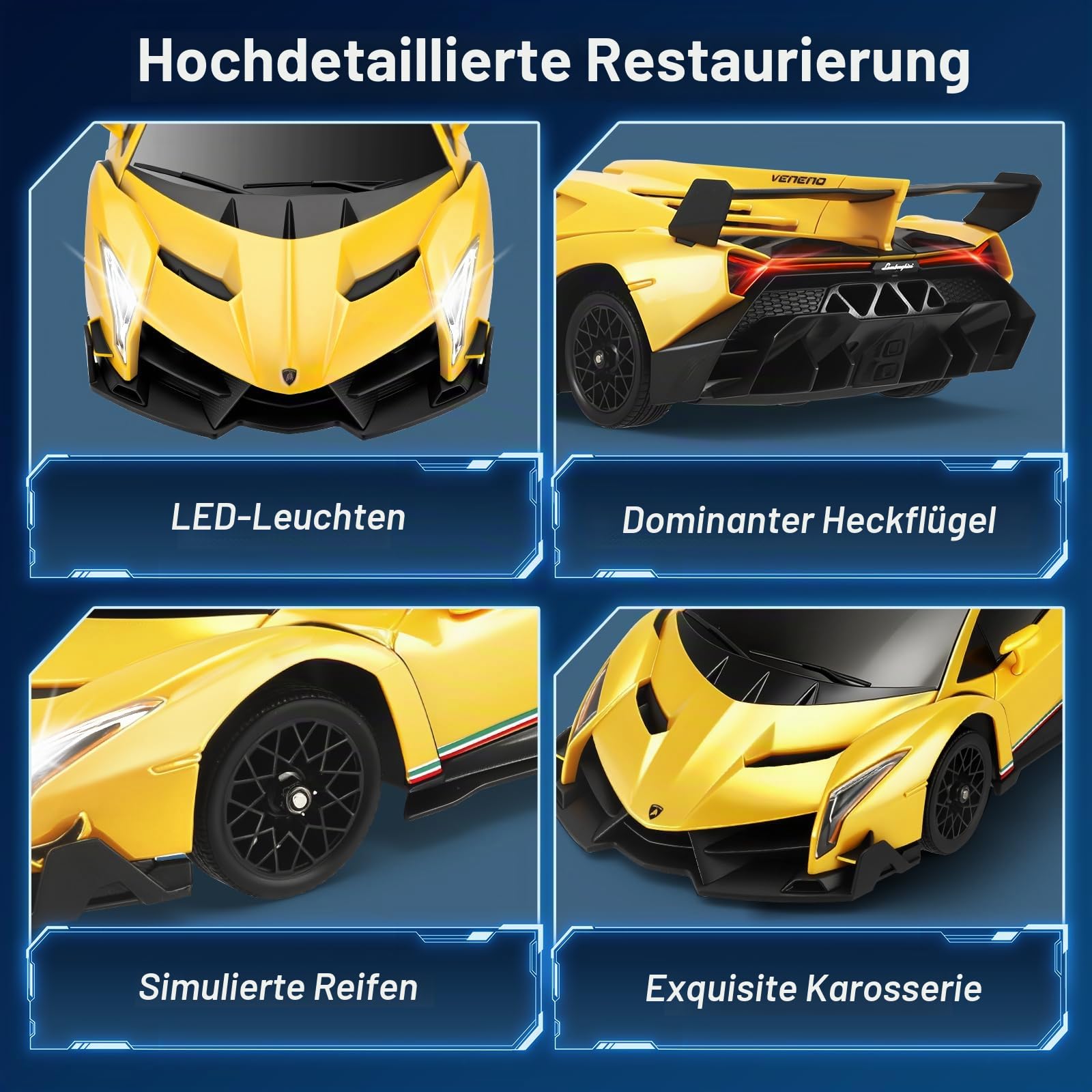 Lamborghini RC Car, 2.4 GHz Ferngesteuertes Auto, 1:18 4WD RC Drift Auto mit LED Leuchten, 35 KM/H Mini Drift Auto Ferngesteuert für Jungen ab 6 7 8 9 10 11 12+ Jahre(Gelb)