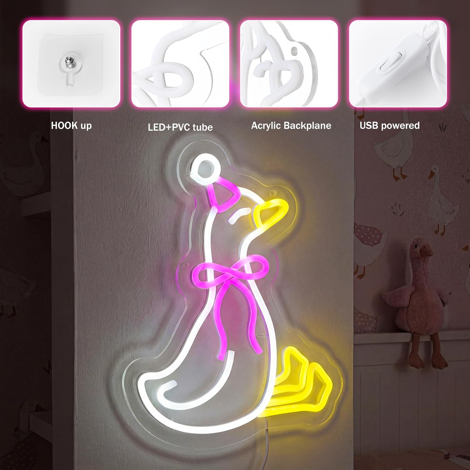 VIHOSE Silly Goose Neon Sign LED Neon Signs Silly Goose Decor for Wall Decor USB Connectivity Pink Bow LED Signs for Bedroom Living Room Kids Room Home Bar Birthday Party