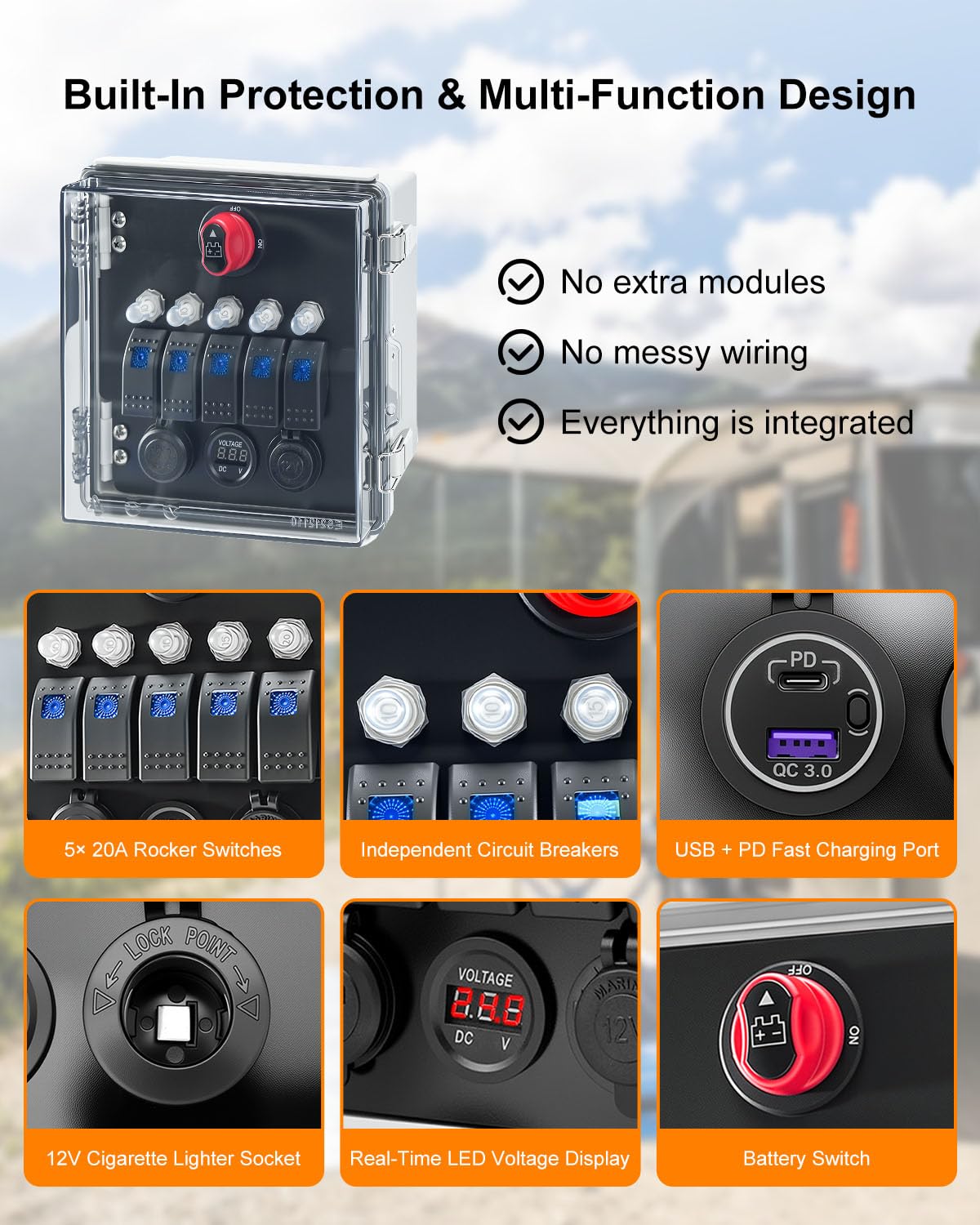 5 Gang Rocker Switch Box, Waterproof Pre-Wired Switch Panel with Circuit Breakers, USB PD Charger, Cigarette Lighter & Voltage Display for 12V Marine ATV UTV Truck RV