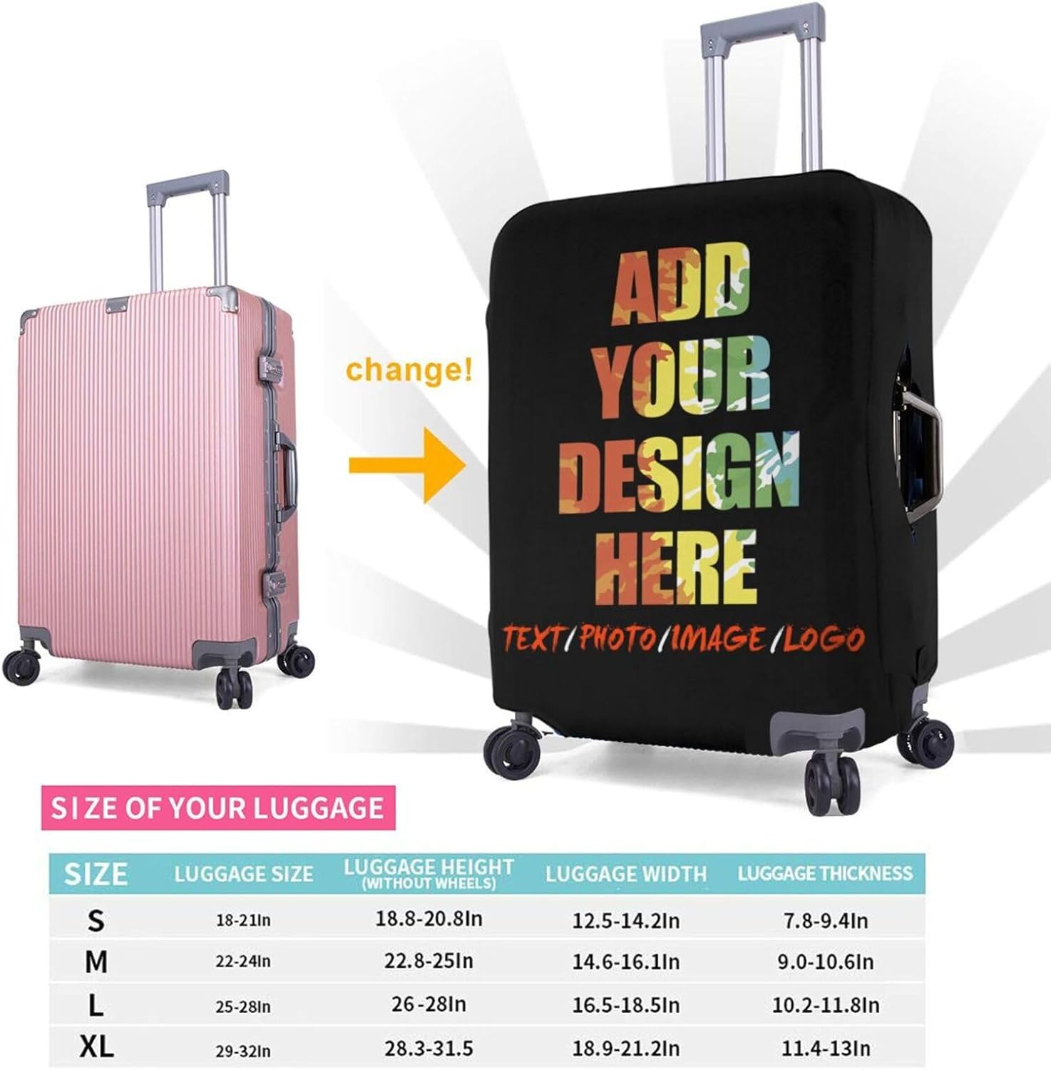 CustomLuggage Cover -High elasticity polyester Personalized Suitcase Cover with Invisible zippers on both sides 【L (for 25-28 inch luggage)】