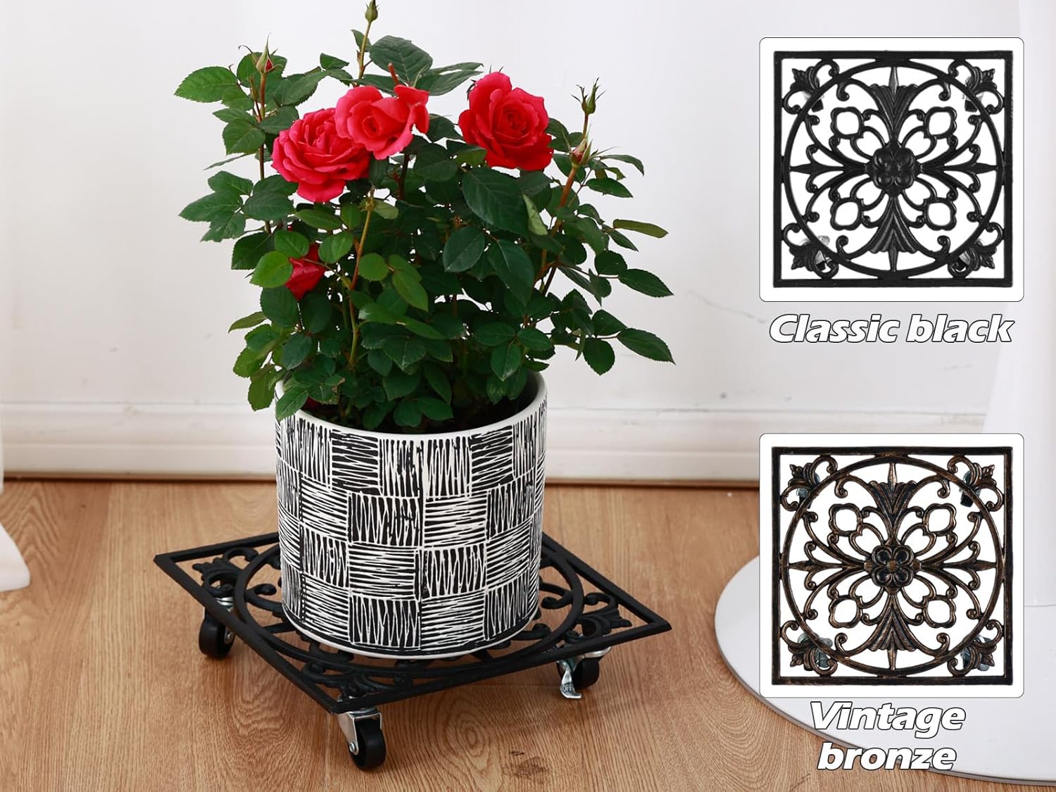 2 Packs 12" Square Metal Plant Caddy with Wheels Large Heavy-Duty Cast Iron Planter Dolly Pot Mover, Indoor Outdoor Vintage Rolling Plant Stands with Casters Wheeled Plant Roller Base, Rustproof Black