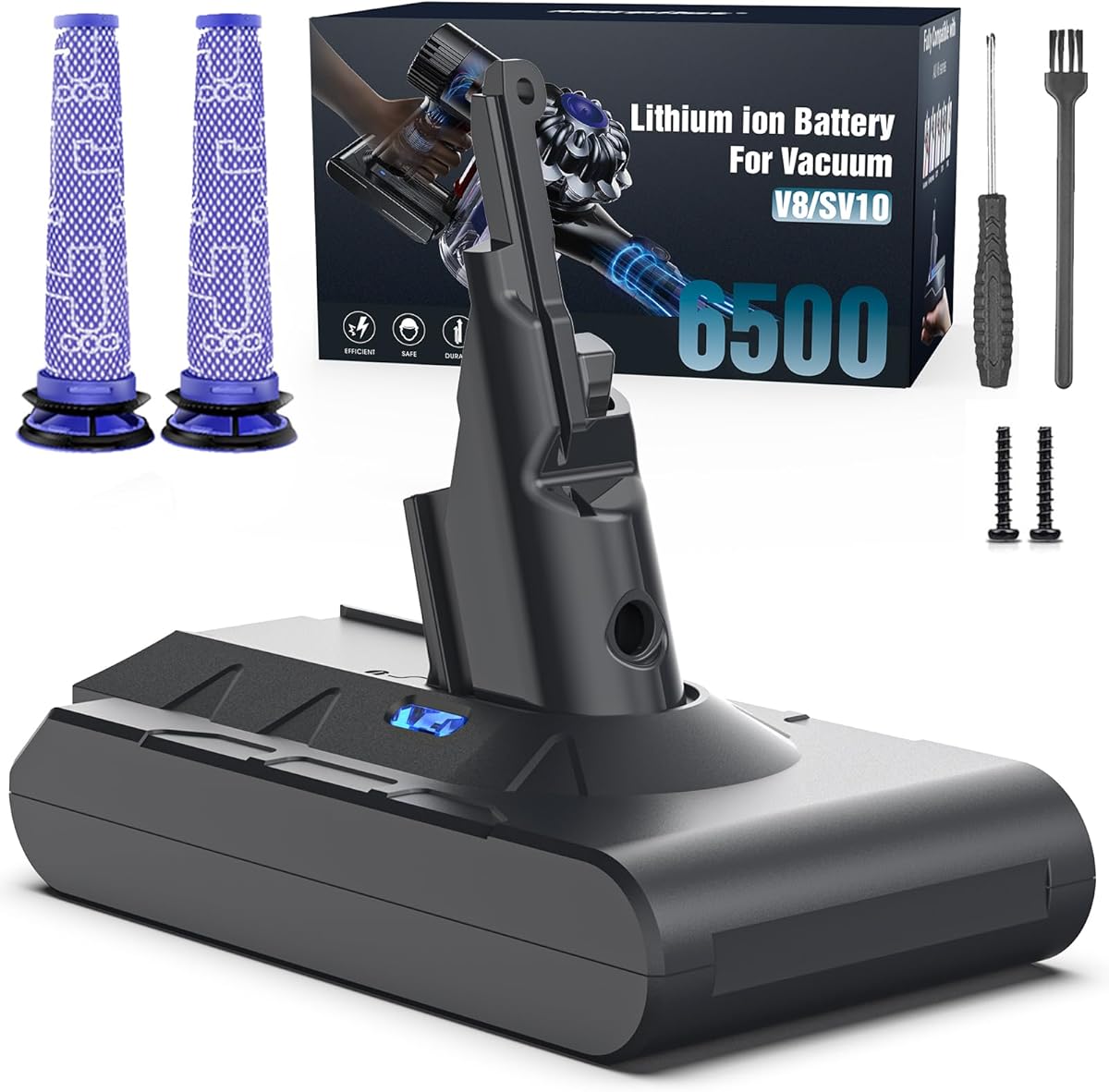 Battery Replacement for Dyson V8, 21.6V 8000mAh Li-ion Battery Compatible with SV10 V8 Animal V8Absolute V8Motorhead V8Carbon Fiber V8Fluffy Series Cordless Vacuum, 2 Filters and 1 Post-Filter