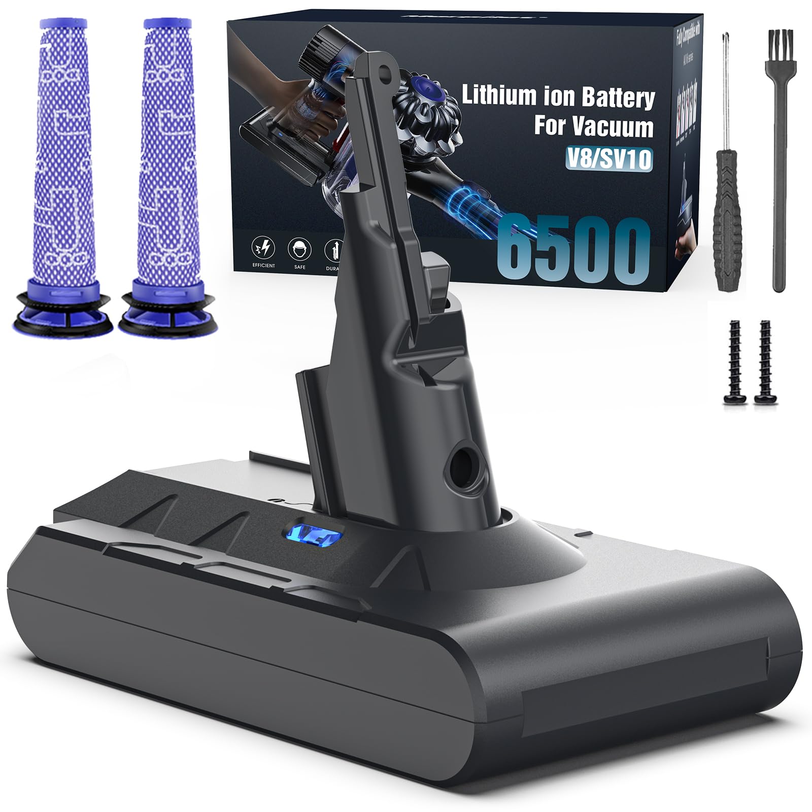 Battery Replacement for Dyson V8, 21.6V 6500mAh Li-ion Battery Compatible with SV10 V8 Animal V8 Absolute V8 Motorhead V8 Carbon Fiber V8 Fluffy Series Cordless Vacuum, 2 Filters and 2 Screws Included
