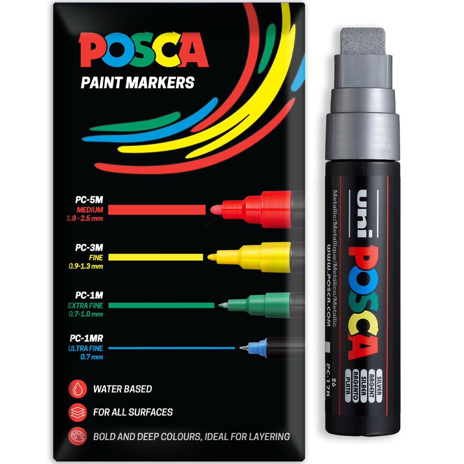 Posca Water Based Acrylic Paint Marker Pens | Multi Surface Use Permanent Paint Pen | Pack of 1 in Envelope Gift Packaging | Glass, Fabric, Wood etc | XXL Chisel Tip PC-17K, Silver