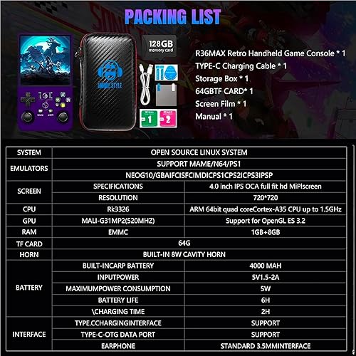 Miniatura 8 de R36MAX - Consola de juegos de mano retro, consola de juegos retro con más de 18000 juegos, tarjeta de 128 GB, pantalla IPS de 4 pulgadas,