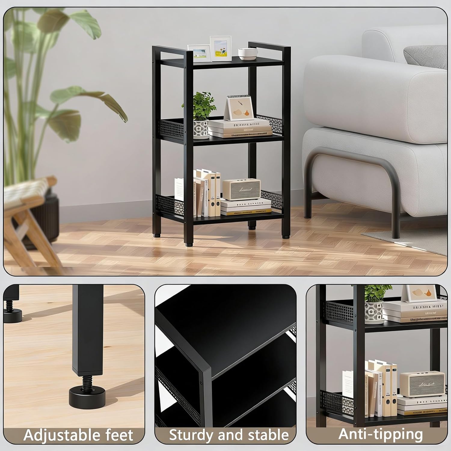 3-Tier Book Shelf, Bookcase with a Back Panel, Storage Shelves for Bedroom, Living Room & Home Storage (Black)