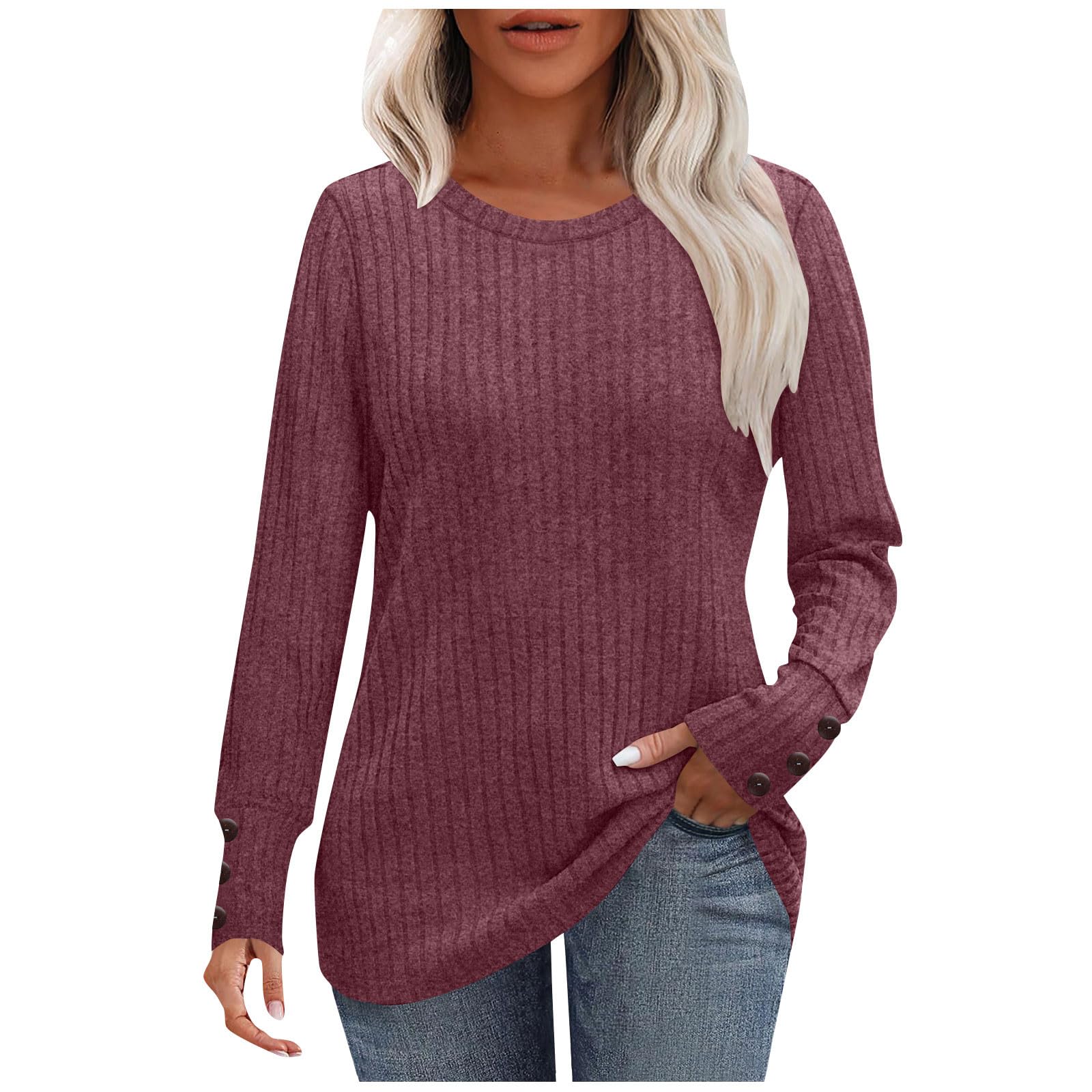 Womens Long Sleeve Sweaters Button Cuff Ribbed Knit Sweaters 2025 Fashion Lightweight Casual Crewneck Tunic Tops