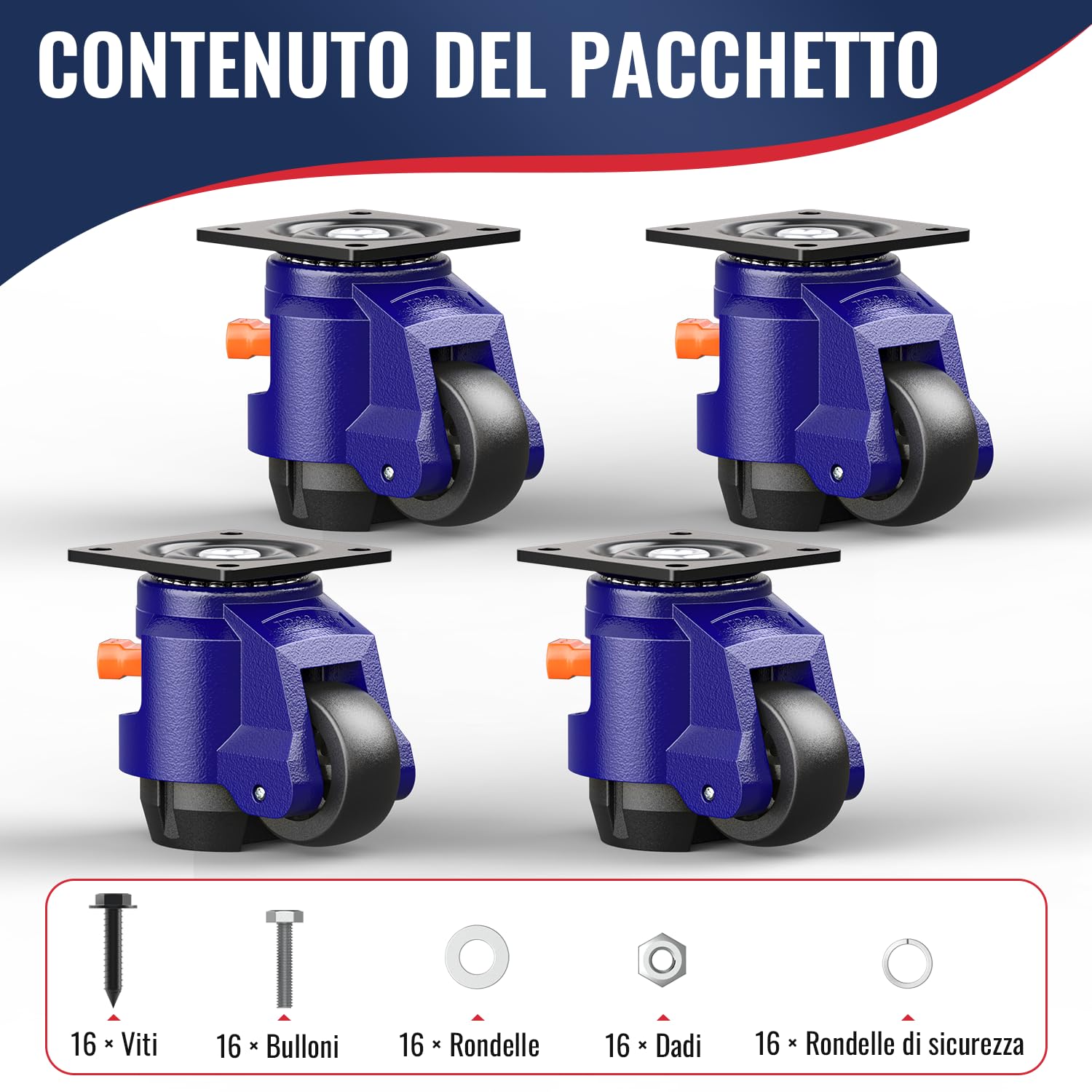 Ruote di Livellamento con Design del Manico a Cricchetto - Capacità di Carico 1200 kg - Altezza Totale 107-114 mm - Ruote Girevoli ruote industriali per banchi da lavoro, mobili pesanti