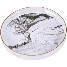 Round Decorative Tray, Marbling Plastic with Handles, Modern Vanity and Serving for Ottoman, Coffee Table, Kitchen and Bathroom, Size 13", White