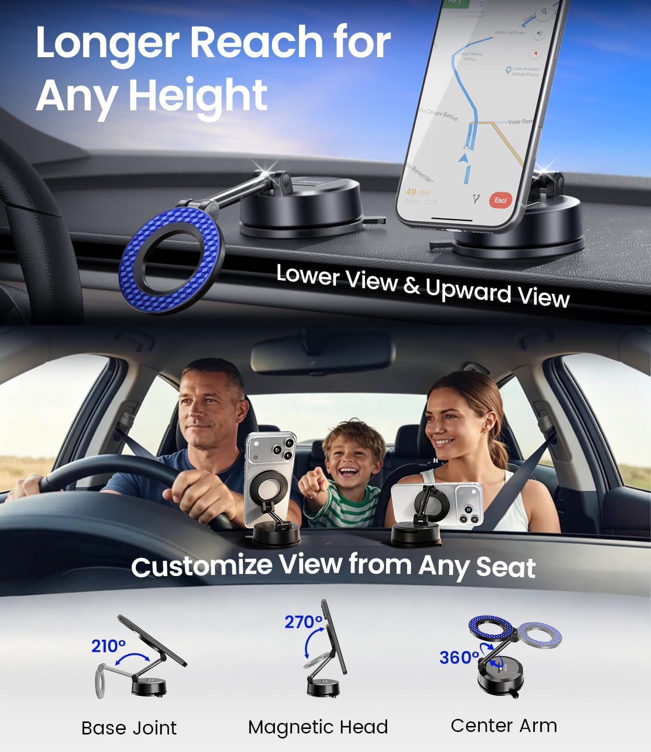for MagSafe Car Phone Holder for Tesla Model 3/Y, Extended-Reach Arm Magnetic Mount for iPhone 17/16/15/14/13/12, 80+LBS Vacuum Suction Cup Mounts for Tesla Screen & Dashboard (Navy Blue)