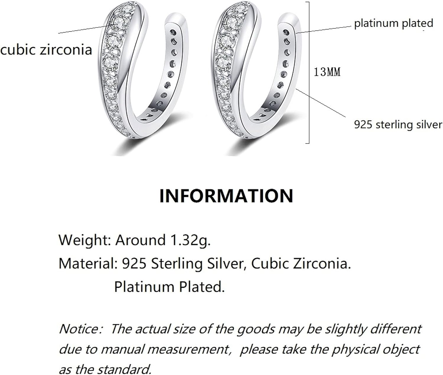 925 Sterling Silver Ear Cuff Earrings for Women, CZ Non-Piercing Ear Cuffs Clip On Earrings Cartilage Helix Wrap Earrings for Women Ladies Jewelry Set - Image 2