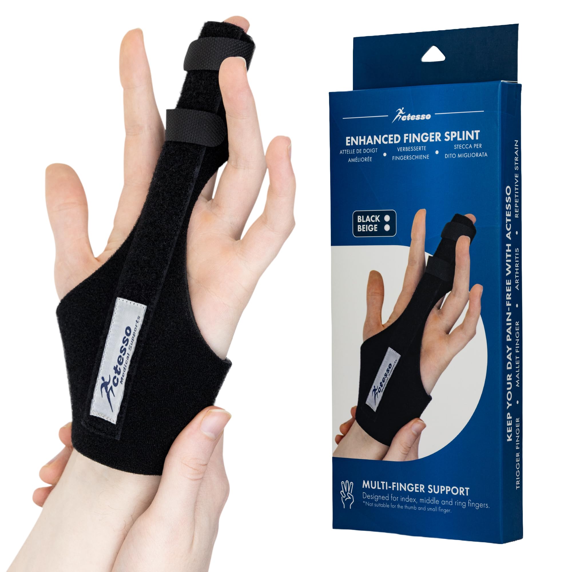 Actesso Férula de Dedo Mejorada – Soporte y Alivio para Dedo en Gatillo, Dedo en Mazo, Artritis, Esguinces y RSI – Para Índice, Medio y Anular (Talla única, Negra)