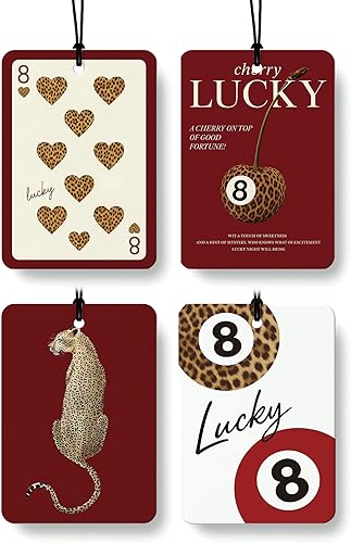 Ambientador de coche retro rojo de guepardo 4 piezas, moderno estampado de guepardo cereza Lucky 8 bolas colgante ambientador para autos, armario,