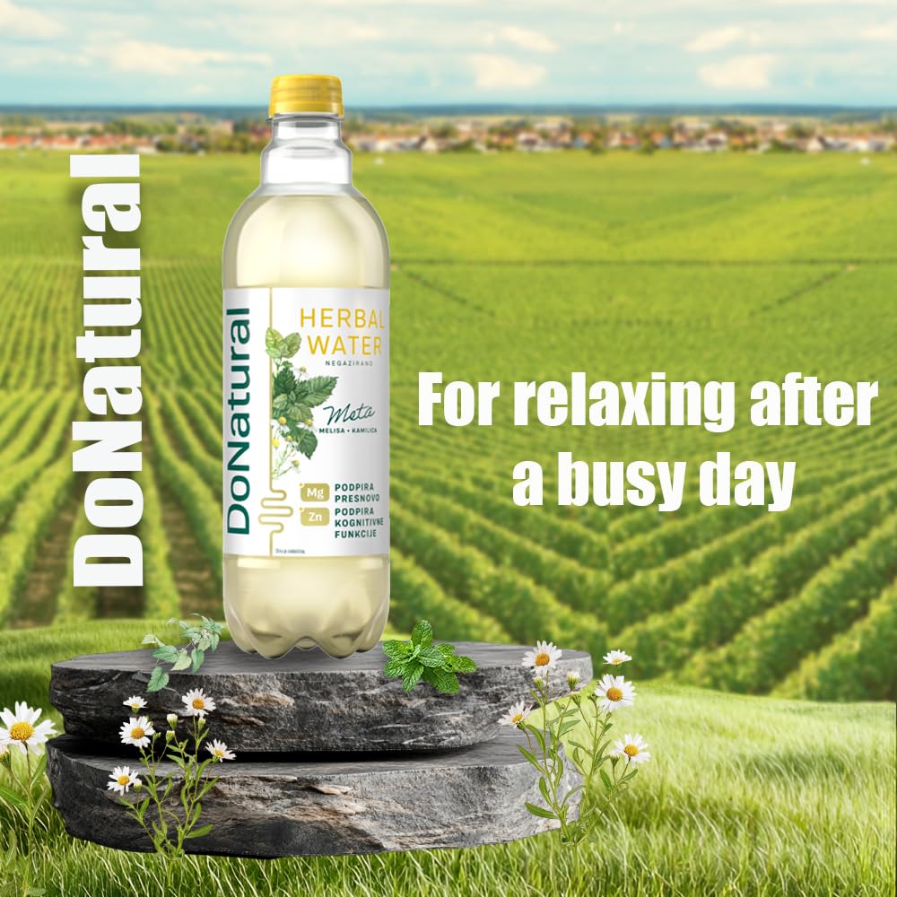 Agua de Hierbas DoNatural – Menta con Melisa y Manzanilla, 500 ml – Bebida relajante baja en calorías con magnesio y zinc, agua vegana natural infusionada