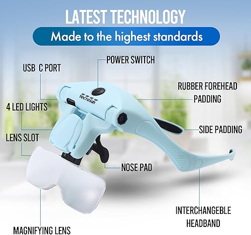 Miniatura 6 de YOCTOSUN Lupa con 4 luces LED, lupa de montaje en cabeza con estuche de almacenamiento, 5 lentes, diadema, visor de aumento iluminado manos libres