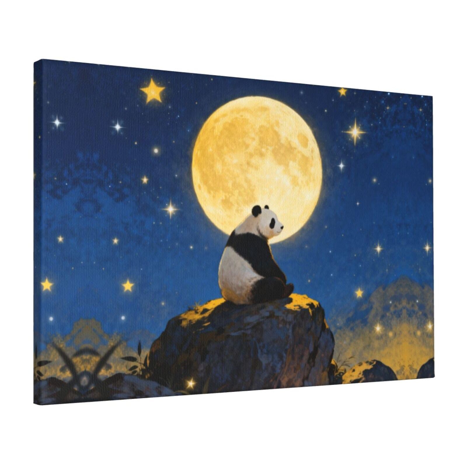 CNTDBU Panda Moon Night Canvas Wall Art 16x24 Inch-Large Modern Painting Print for Living Room, Framed Ready to Hang Artwork for Bedroom