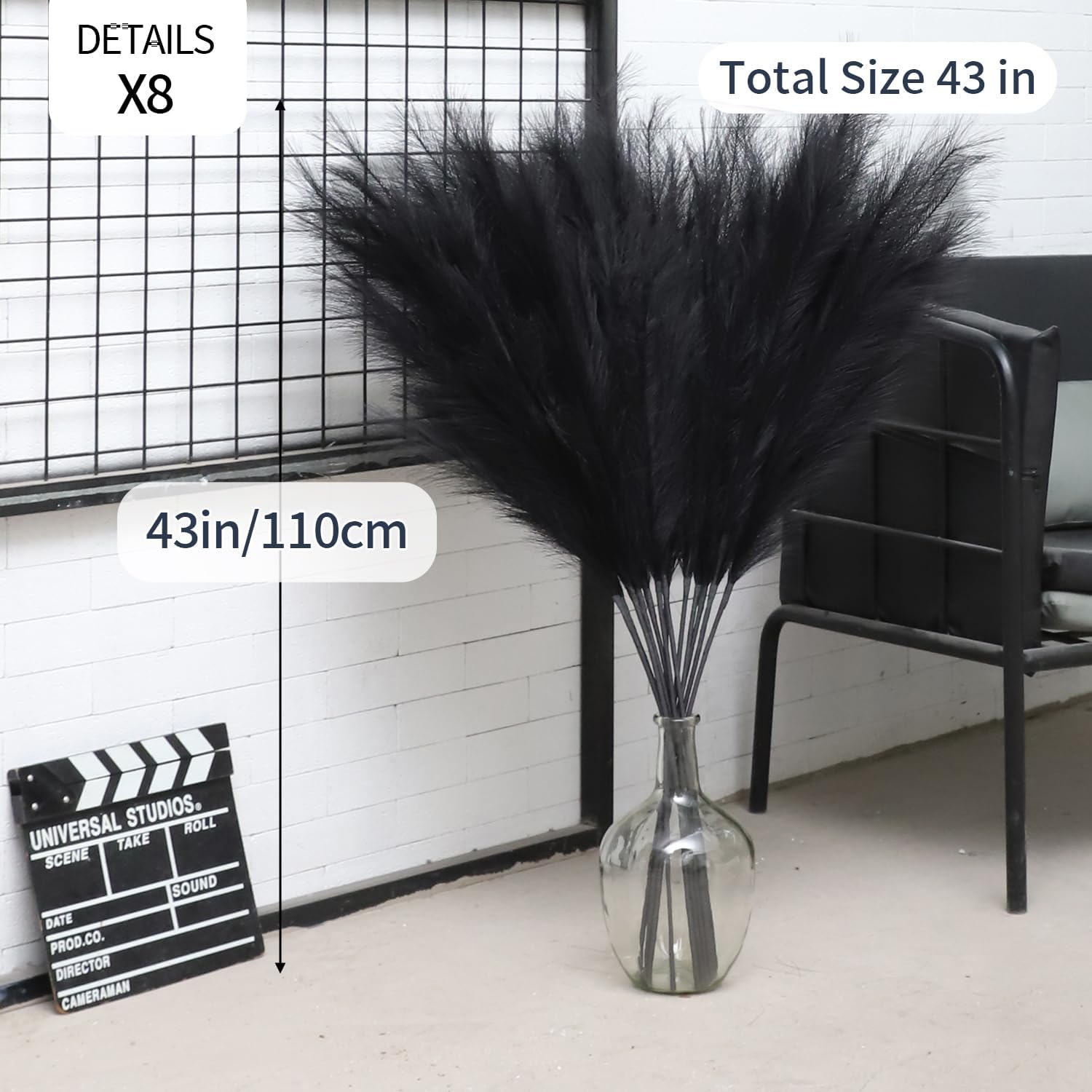 43" Faux Pampas Grass Decor White & Black - Artificial Pampas Grass Small Pampas Grass Fluffy Pompas Floral Arrangement